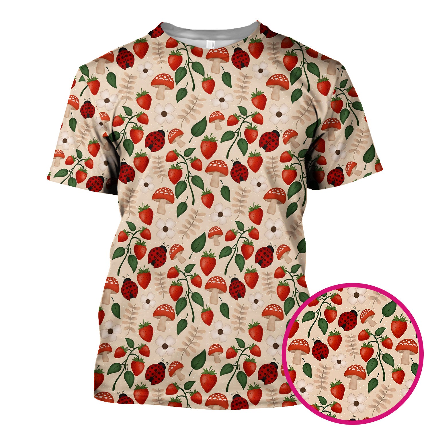Strawberry Ladybug Mushroom Floral Scrub Top, Breathable Fabrics Nursing Uniform