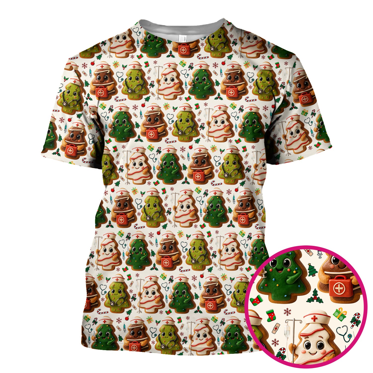 Christmas Cookie Scrub Top – Festive Nurse & Holiday Tree Pattern – Cute Medical Uniform for Nurses, Vets and Healthcare Workers