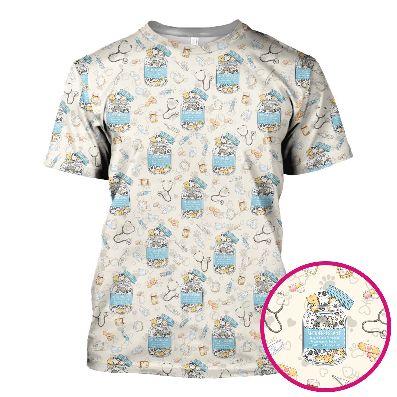 Cute Antidepressant Cat Jar Print Nurse Scrub Top, Breathable Fabrics Nursing Uniform
