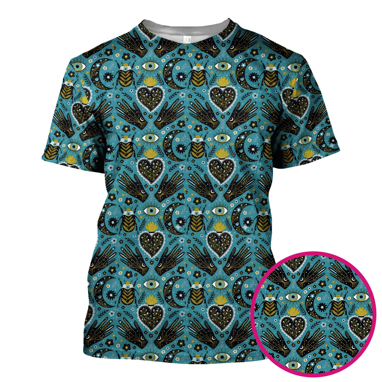 Mystic Celestial Heart & Evil Eye Pattern Scrub Top, Breathable Fabrics Nursing Uniform