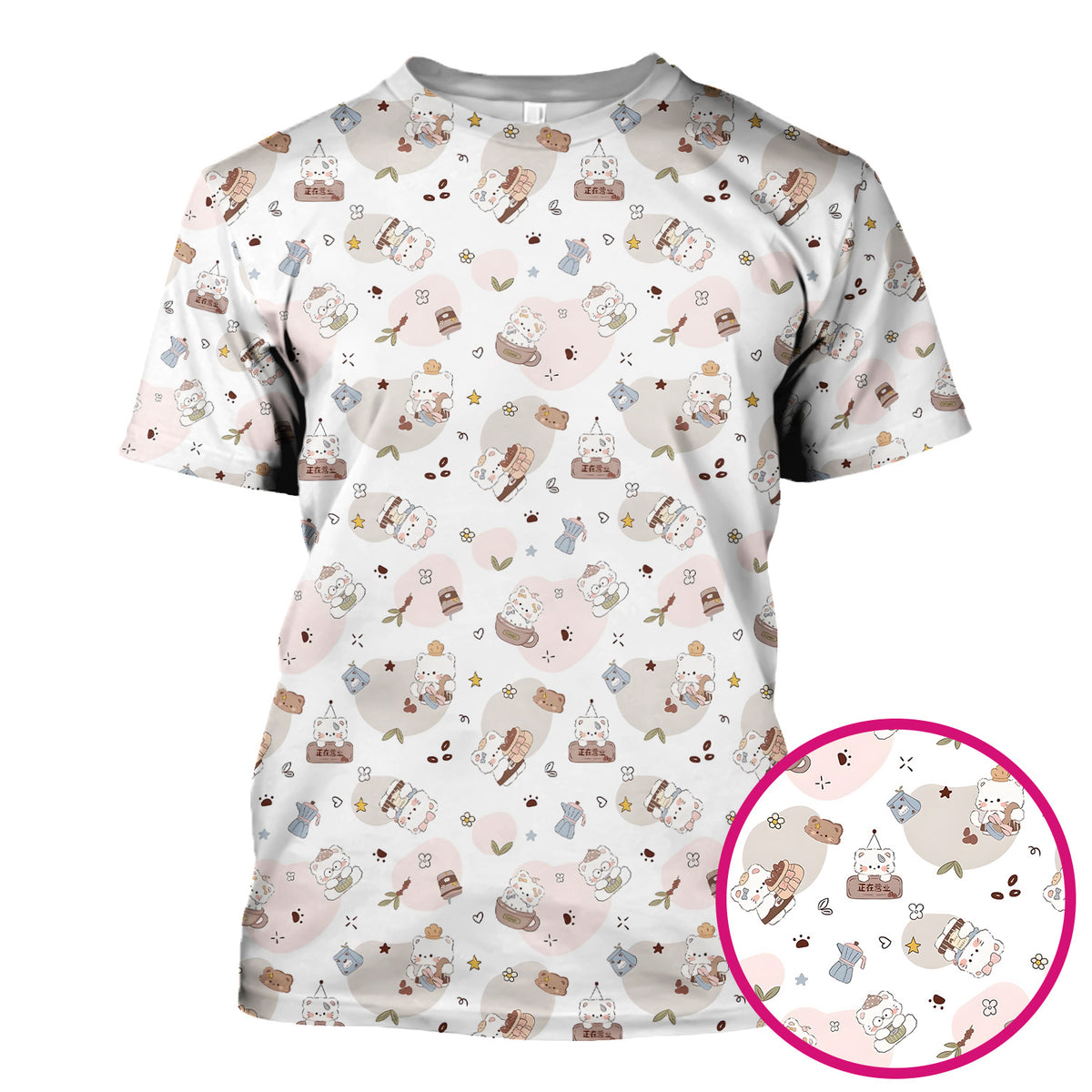 Cute Cat With Coffee Paw Heart Pattern Scrub Top, Comfortable Scrubs for Nurses