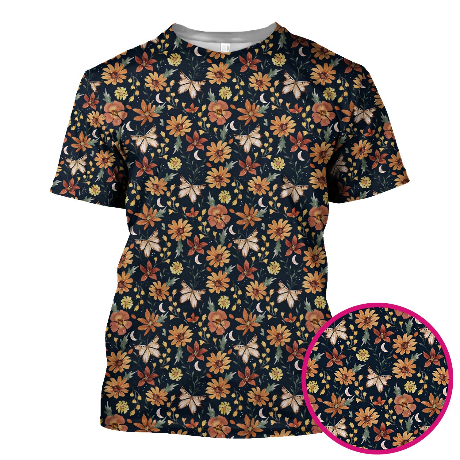 Charming Autumn Floral Butterfly Moon Pattern Scrub Top, Breathable Fabrics Nursing Uniform