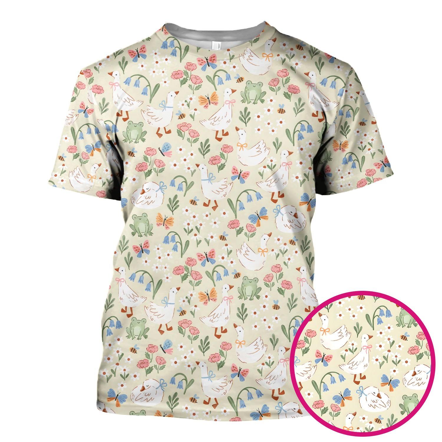 Cute Goose & Frog Garden Print Scrub Top, Comfortable Scrubs for Nurses