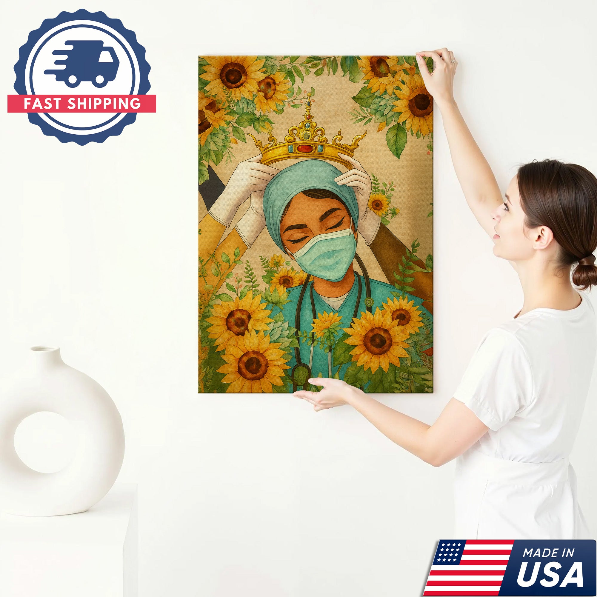 Nurse Crown Canvas Wall Art, Inspirational Healthcare Worker Gift, Sunflower Medical Office Home Decor