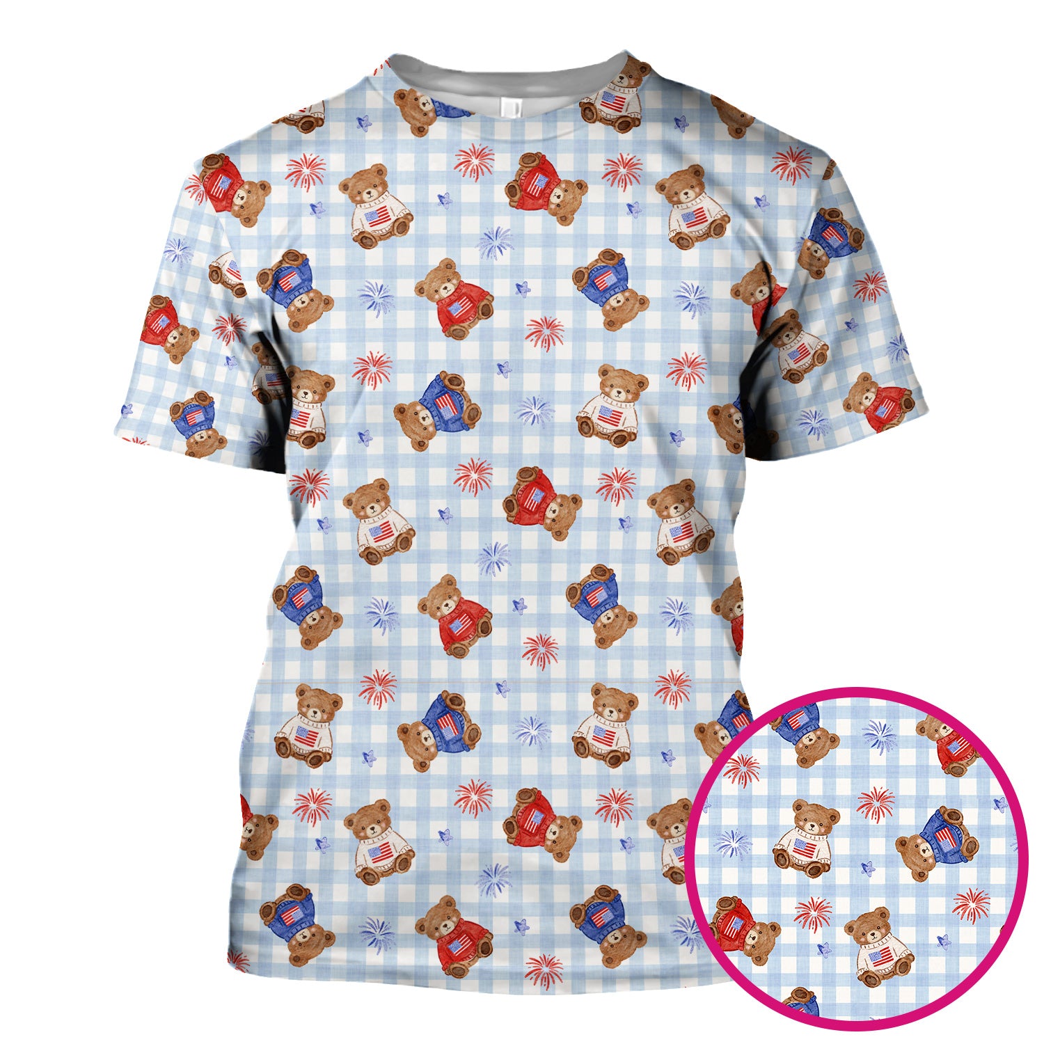 Cute Patriotic Teddy Bear Firework Gingham Pattern Scrub Top, Comfortable Scrubs for Nurses