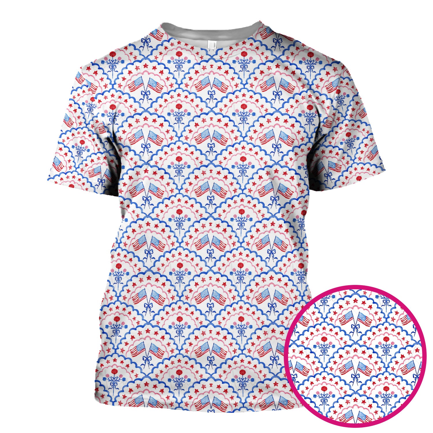 Patriotic Scallop Star Flag Floral Pattern Scrub Top, Comfortable Scrubs for Nurses