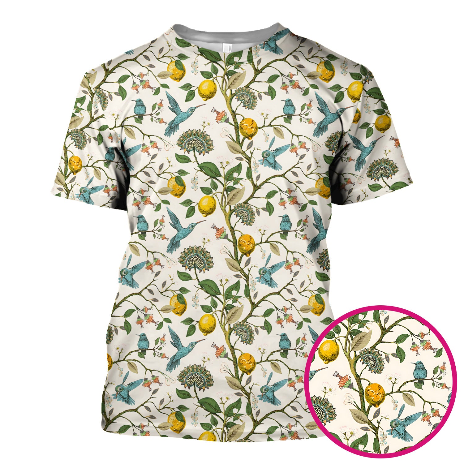 Cute Hummingbird Lemon Floral Pattern Scrub Top, Comfortable Scrubs for Nurses