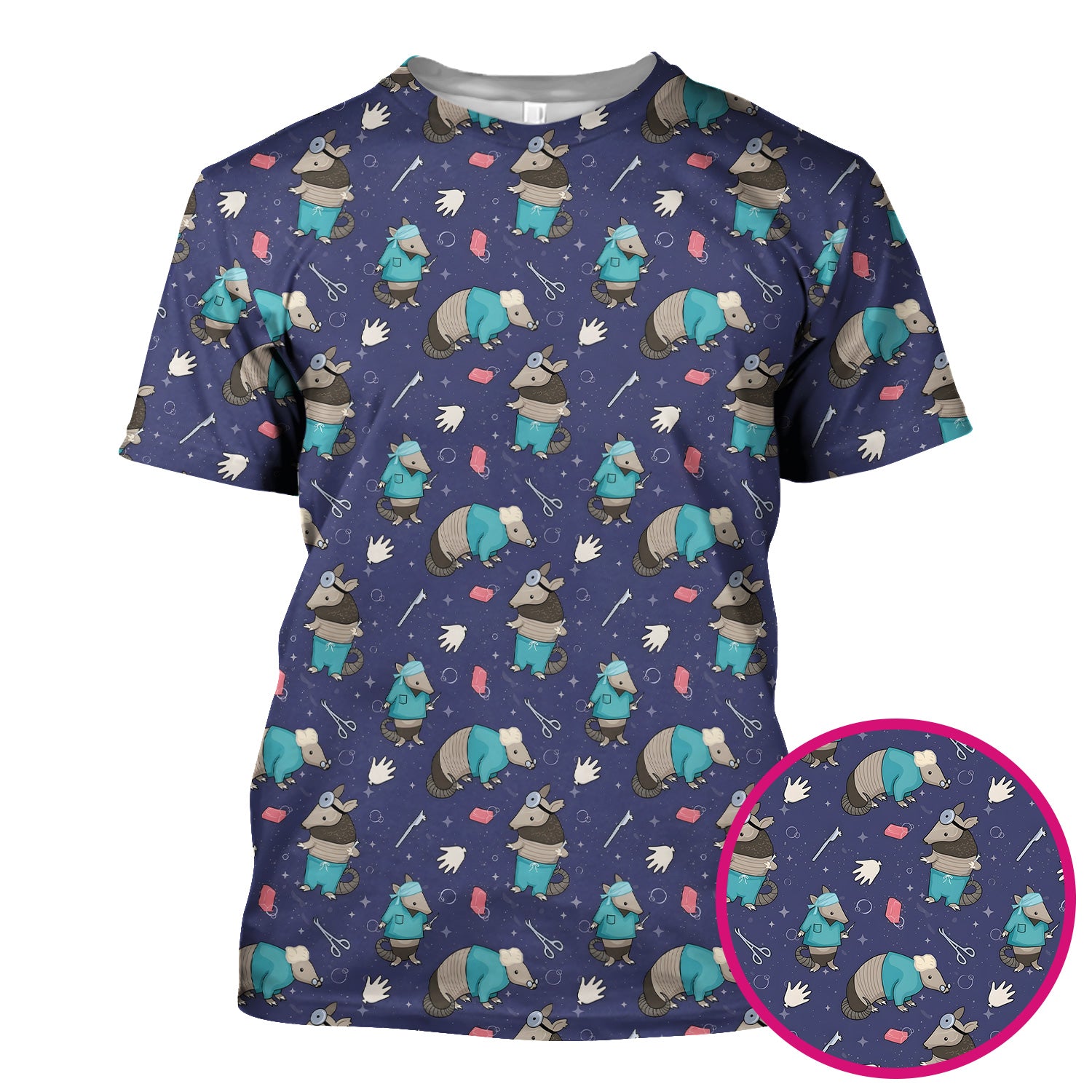 Armadillo Doctor Medical Tools Pattern Scrub Top, Comfortable Scrubs for Nurses