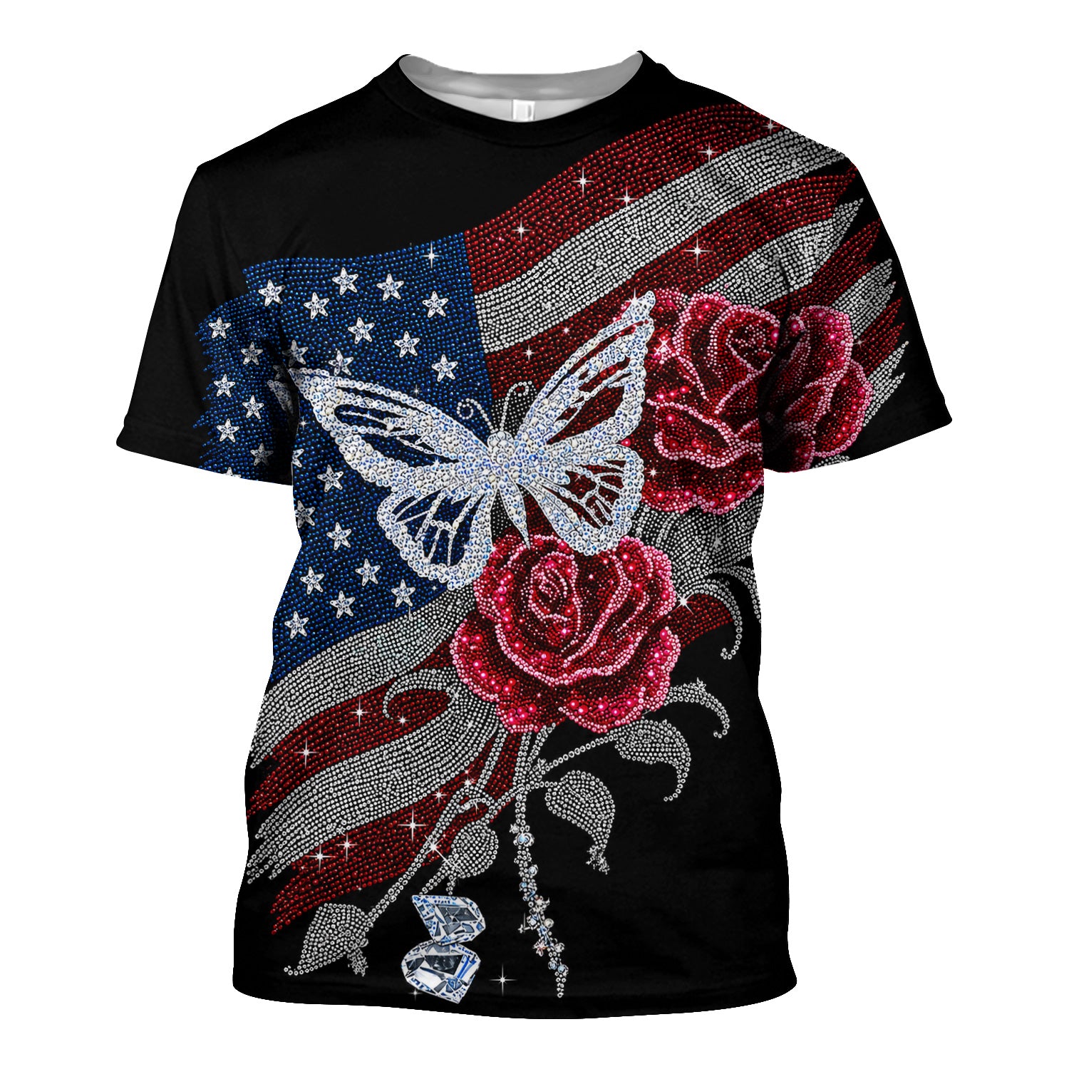 Patriotic Butterfly Rose Flag Print Scrub Top, Comfortable Scrubs for Nurses