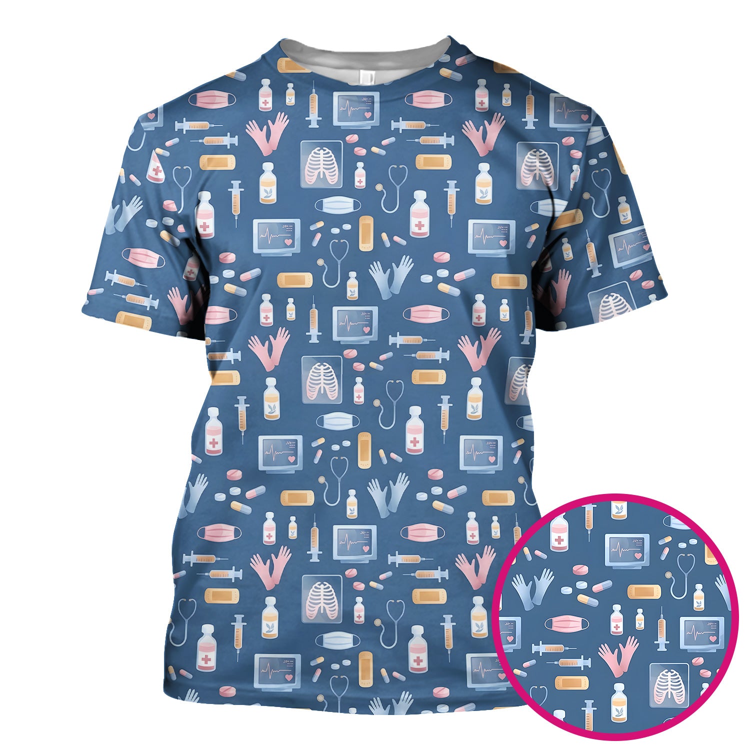 Medical Tools Gloves Syringe Pill Monitor Pattern Scrub Top, Comfortable Scrubs for Nurses