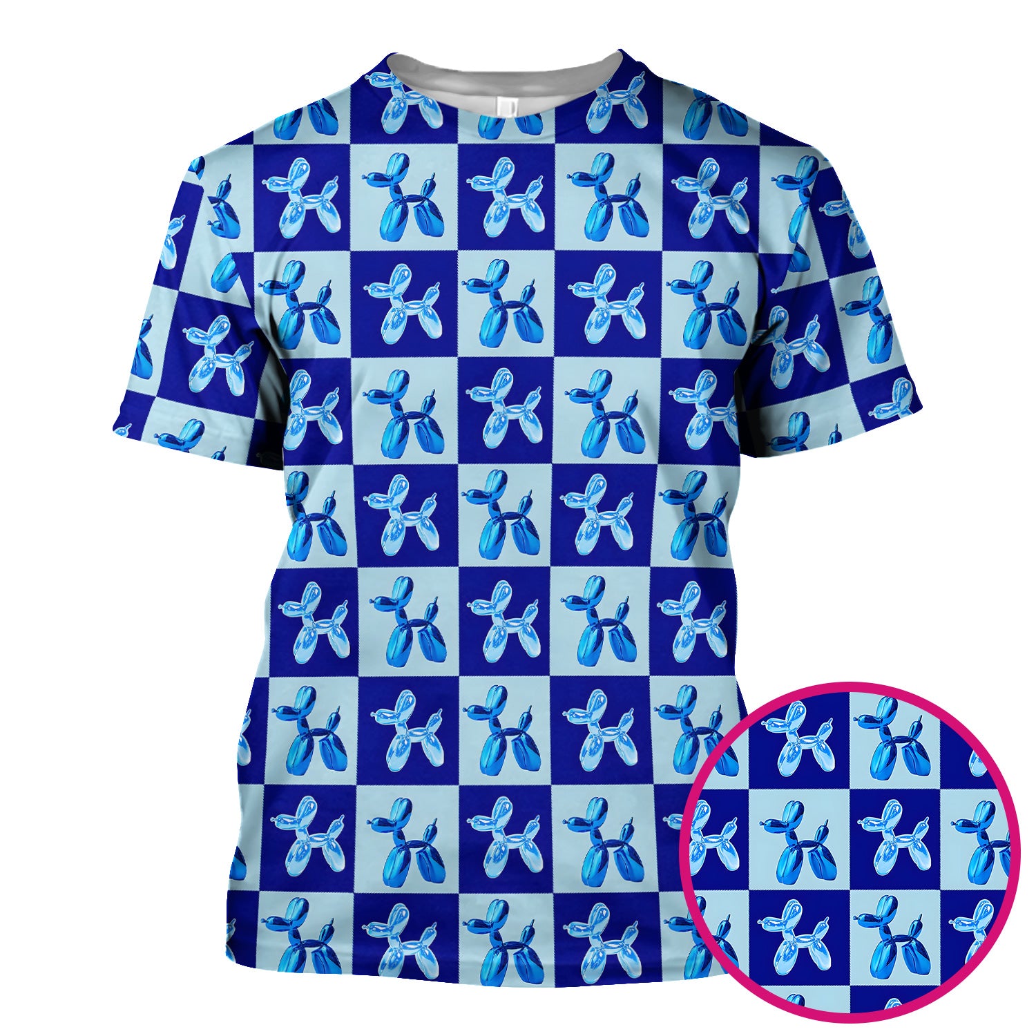 Cute Blue Balloon Dog Checkered Pattern Scrub Top, Breathable Fabrics Nursing Uniform