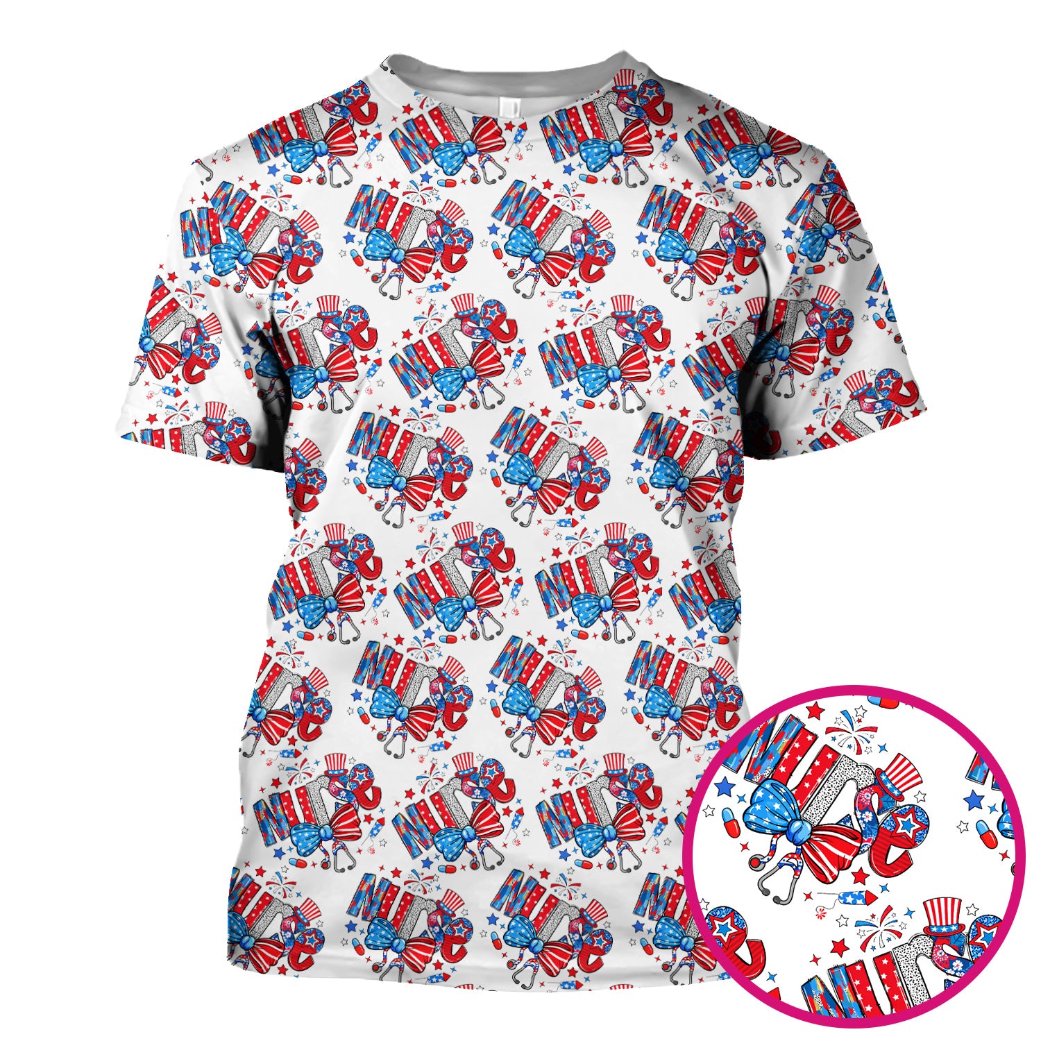 USA Nurse Stethoscope Patriotic Bow Hat Pattern Scrubs Top, Comfortable Scrubs for Nurses