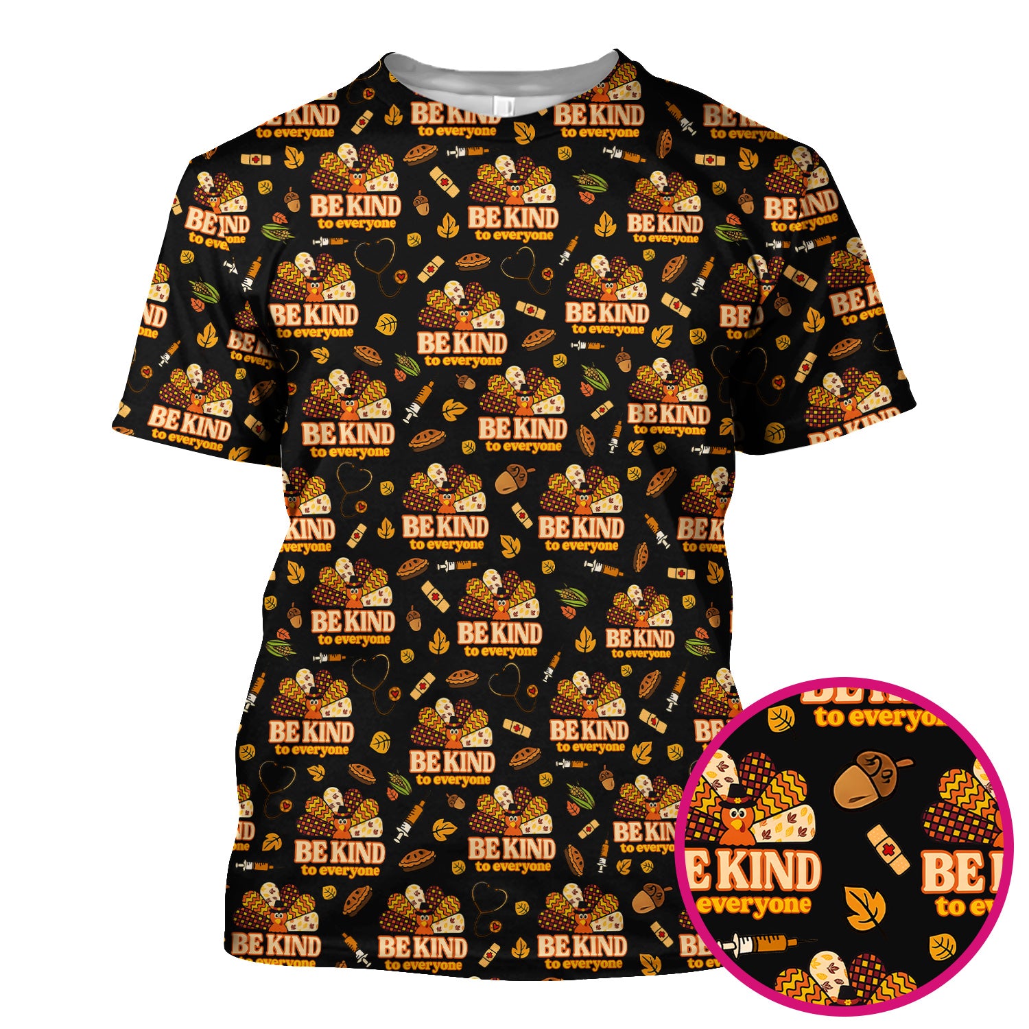 Thanksgiving Be Kind Scrub Top – Fall Nurse Shirt with Heart and Leaf Pattern – Cute Autumn Medical Uniform for Healthcare Staff