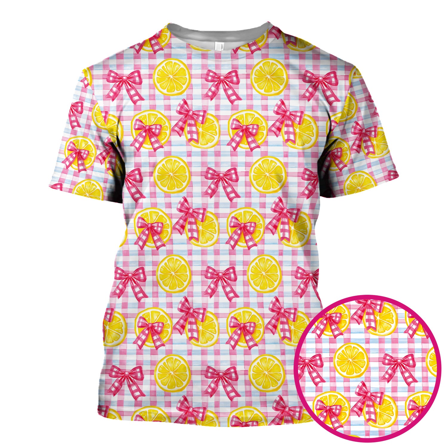 Cute Lemon Slice Pink Bow Gingham Pattern Scrub Top, Comfortable Scrubs for Nurses