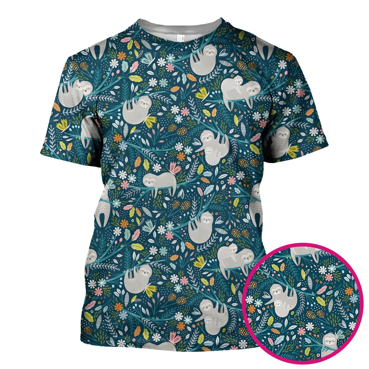 Cute Sloth Jungle Leaf Floral Pattern Scrub Top, Breathable Fabrics Nursing Uniform