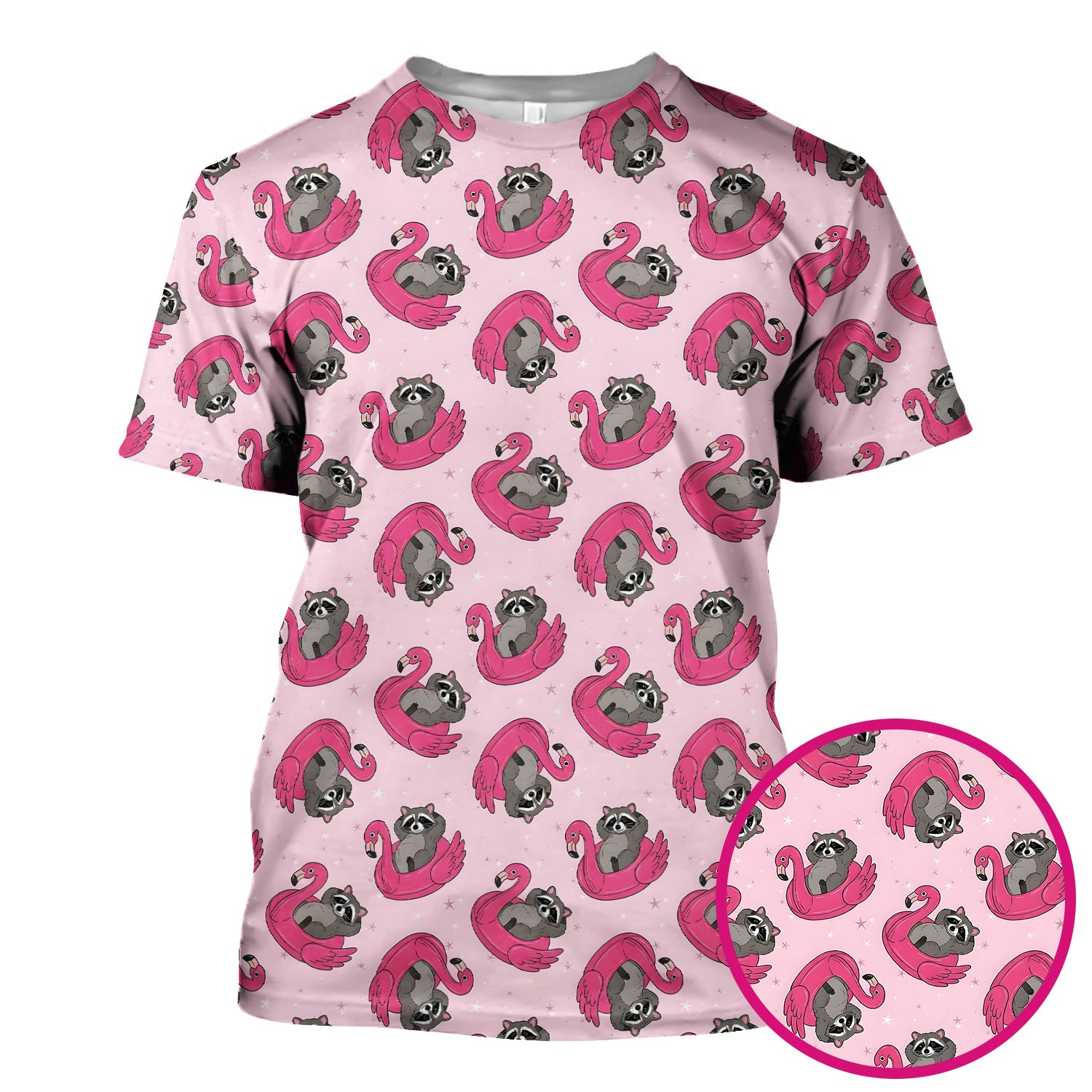 Cute Raccoon Flamingo Float Pattern Scrub Top, Comfortable Scrubs for Nurses