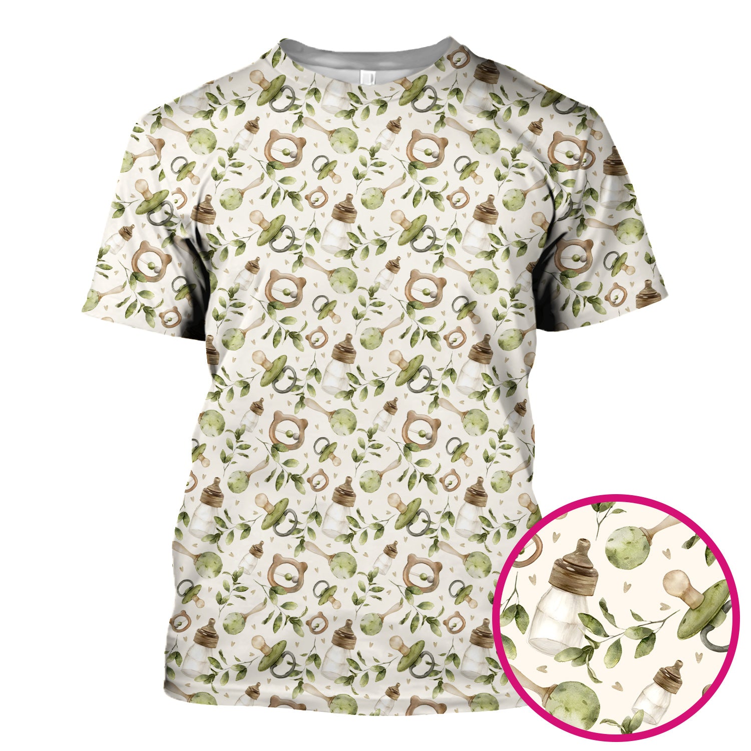 Cute Baby Bottle and Greenery Pattern Scrub Top, Breathable Fabrics Nursing Uniform