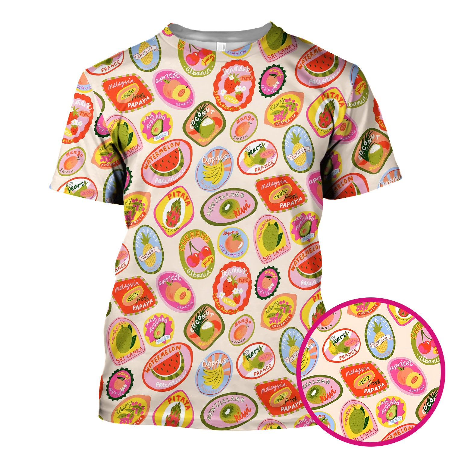 Summer Colorful Fruit Sticker Pattern Scrub Top, Comfortable Scrubs For Nurses
