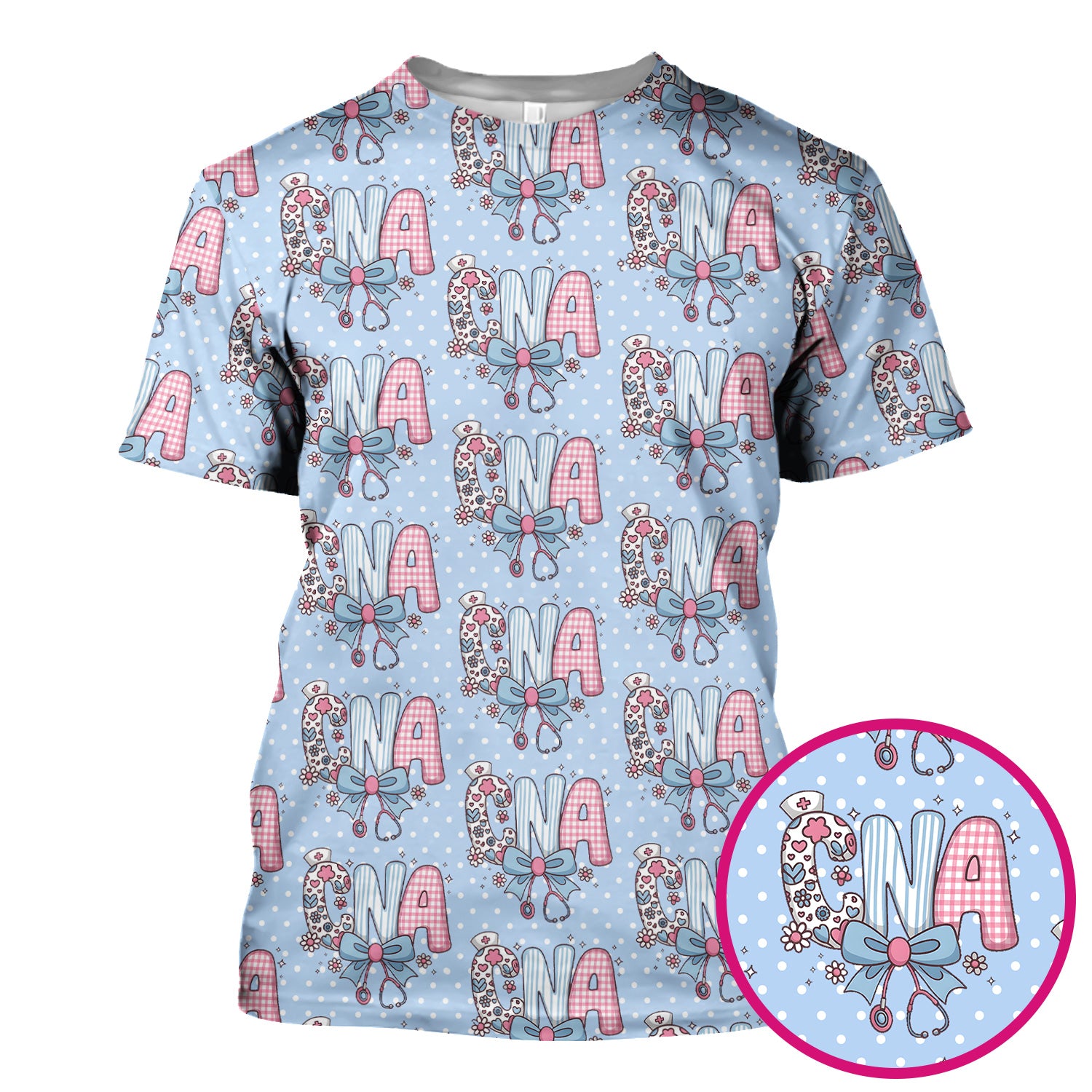 Cute CNA Floral Bow Pattern Scrub Top, Breathable Fabrics Nursing Uniform