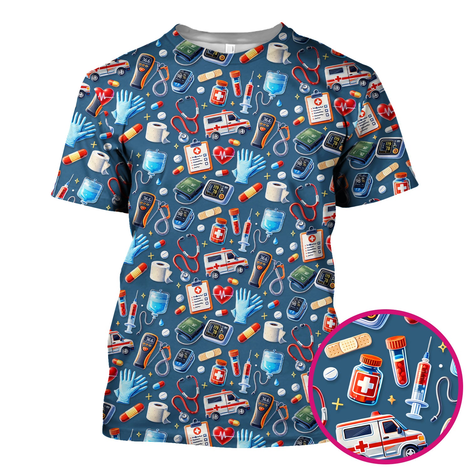 Medical Tools Pattern Ambulance Stethoscope Scrub Top, Comfortable Scrubs for Nurses