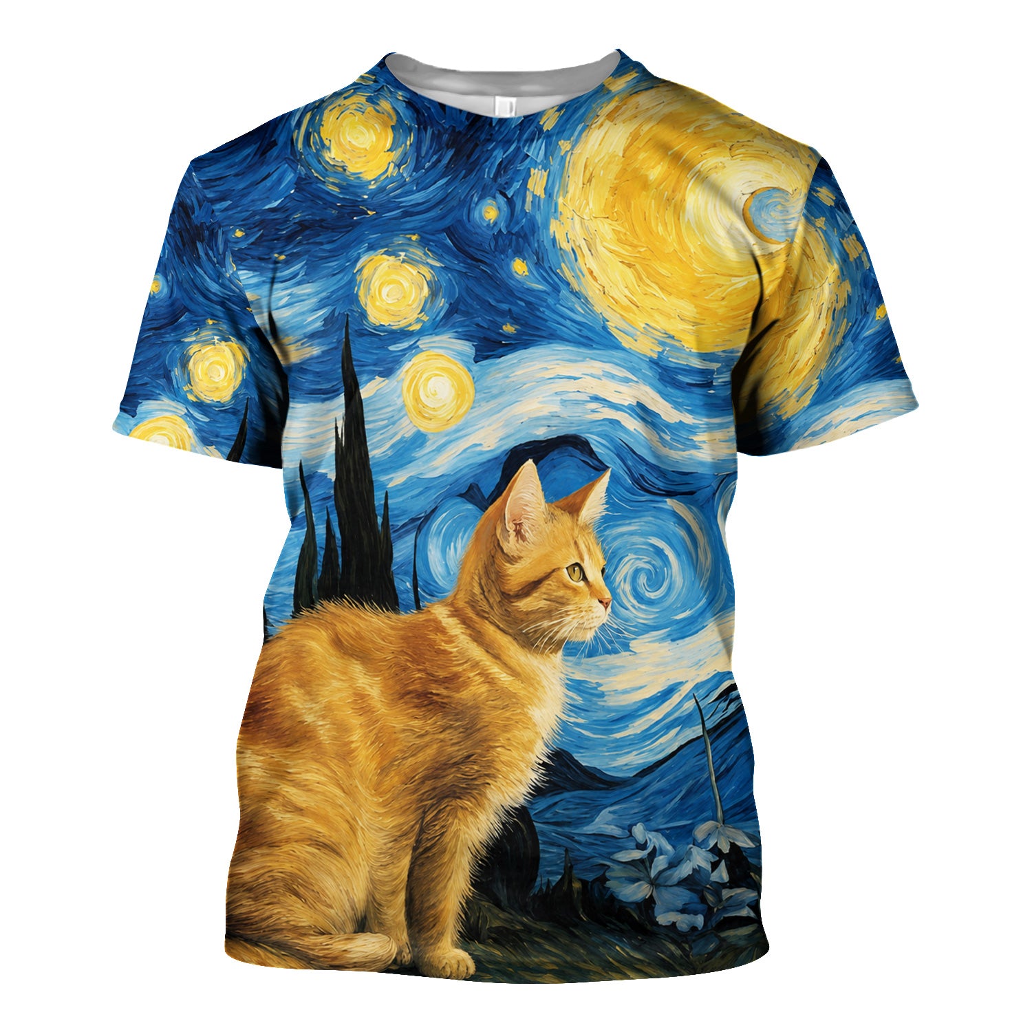 Swirling Moonlit Cat Scene Print Scrub Top, Comfortable Scrubs for Nurses