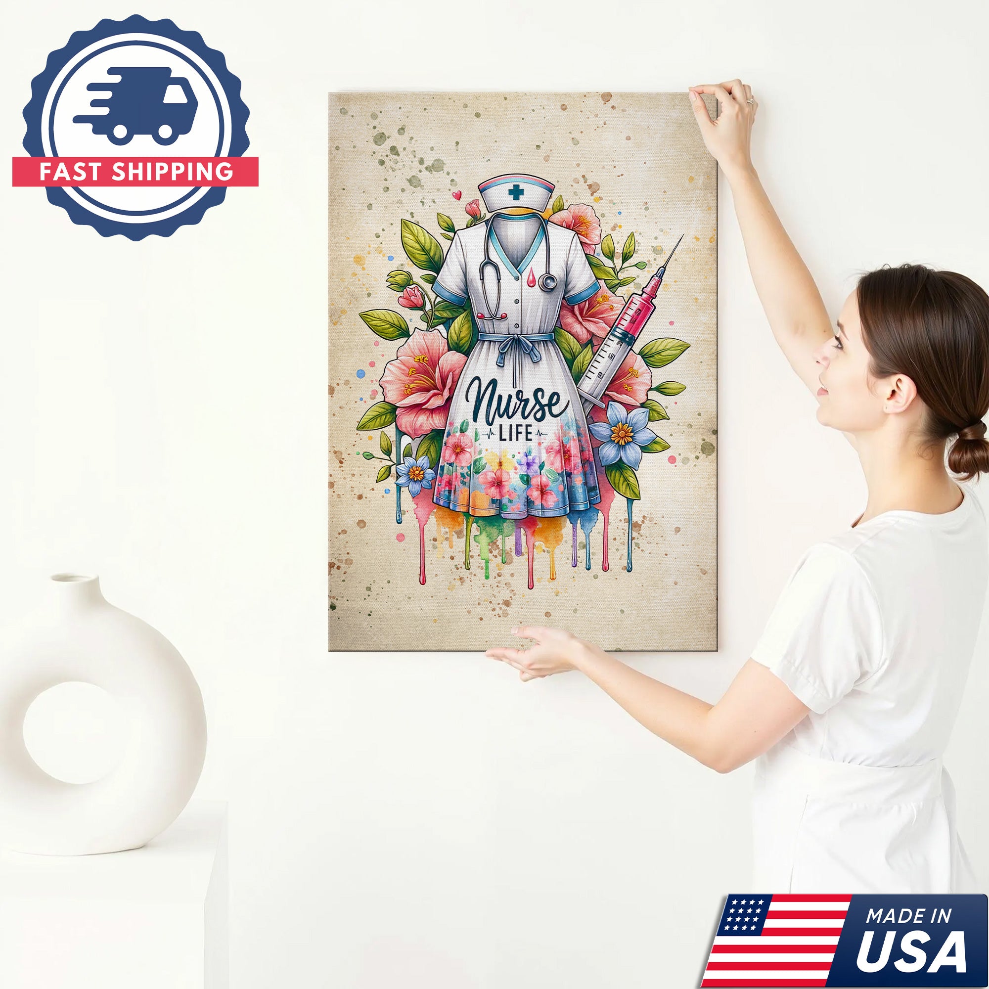 Nurse Life Canvas Art, Floral Nurse Dress Wall Decor, Nurse Graduation Gift for CNA RN LPN