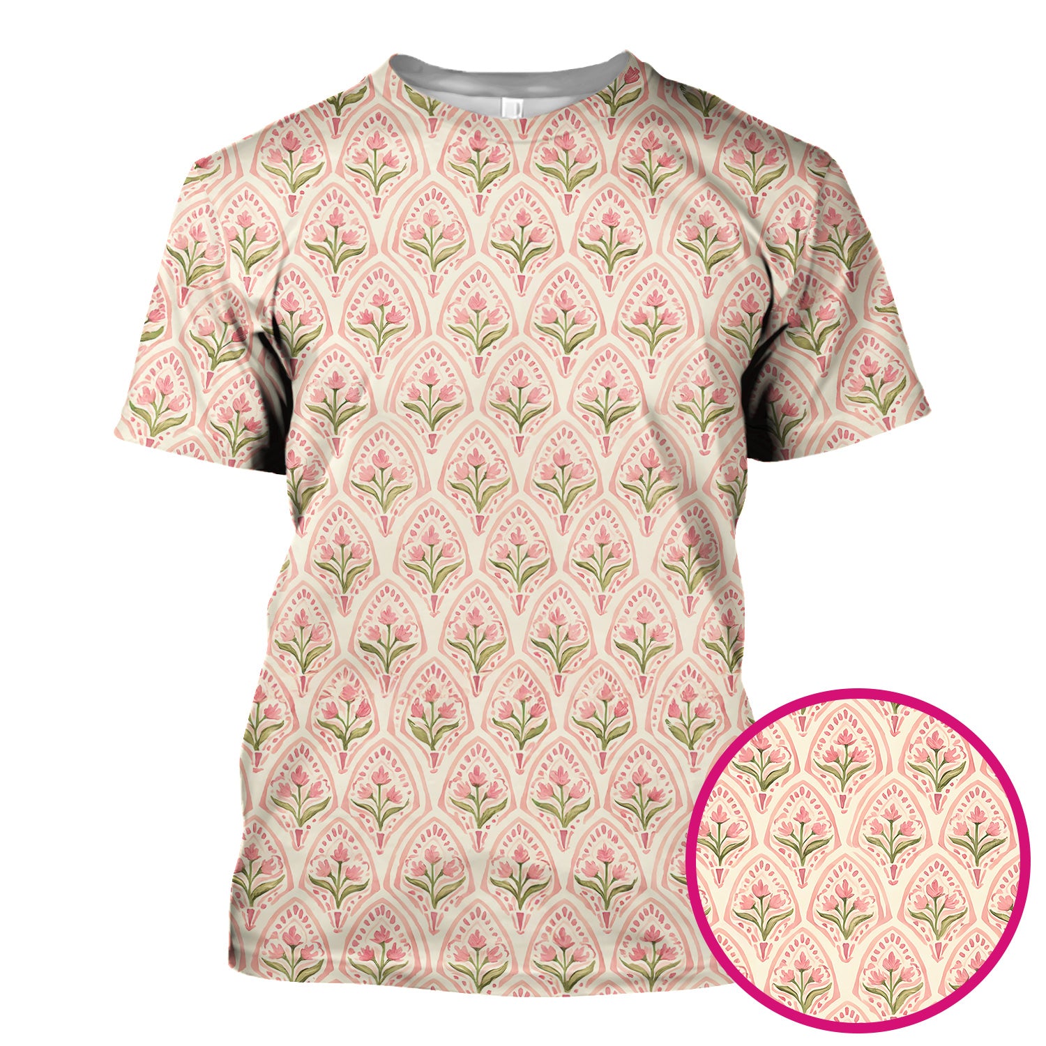 Pink Tulip Floral Arch Pattern Scrub Top, Comfortable Scrubs for Nurses