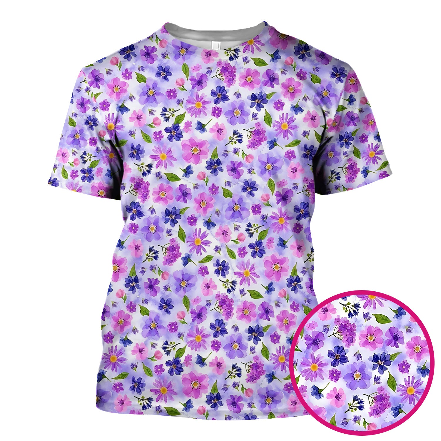 Purple Watercolor Wildflower Bloom Pattern Scrub Top, Comfortable Scrubs for Nurses