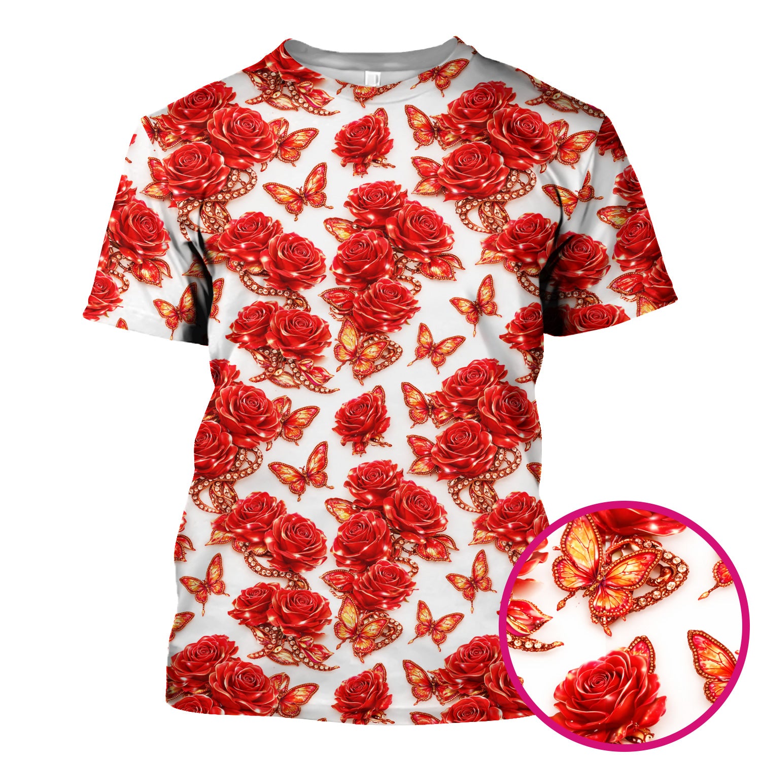 Red Rose and Butterfly Pattern Scrub Top, Comfortable Scrubs for Nurses