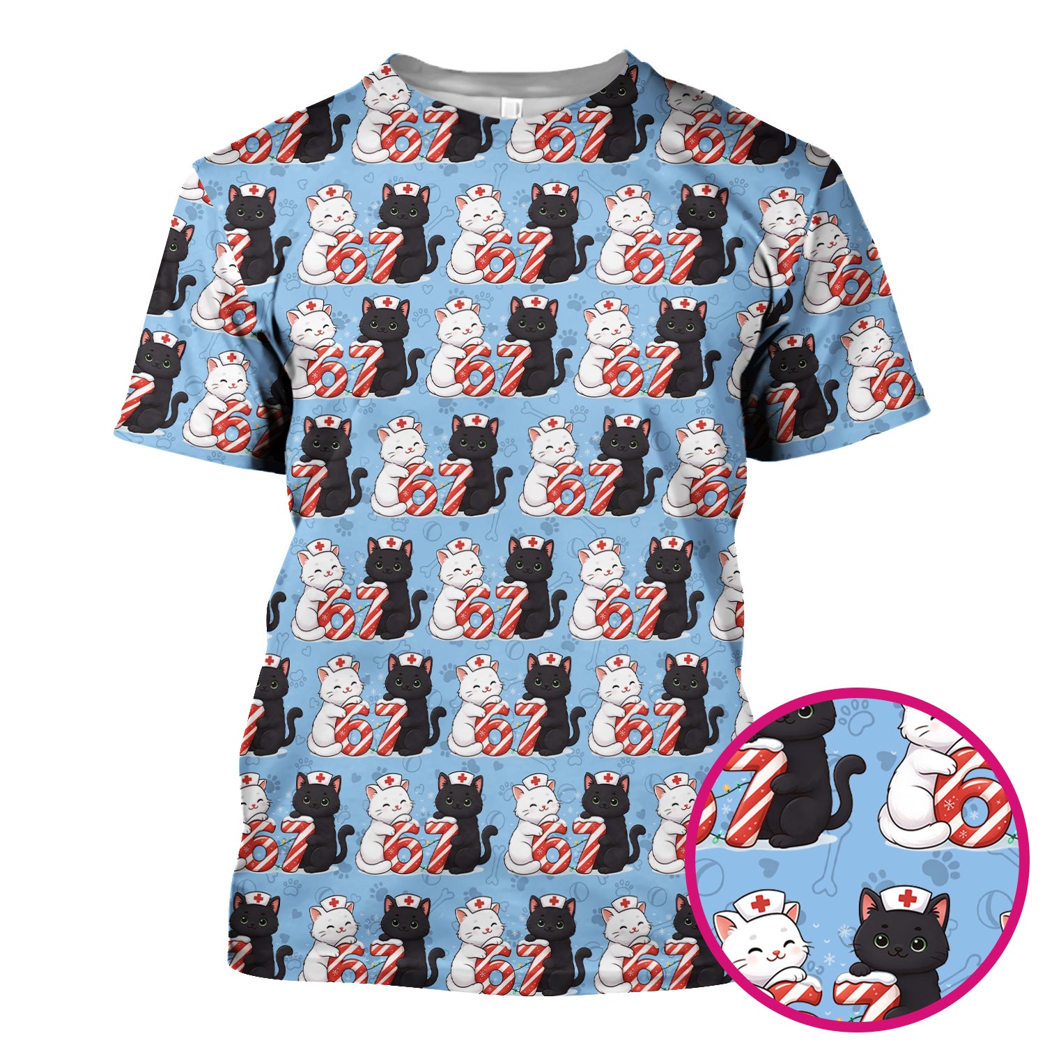 Xmas Cat Pattern Scrub Top, Christmas Nurse Six Seven With Cat Scrub Shirt, Breathable Fabrics Nursing Uniform