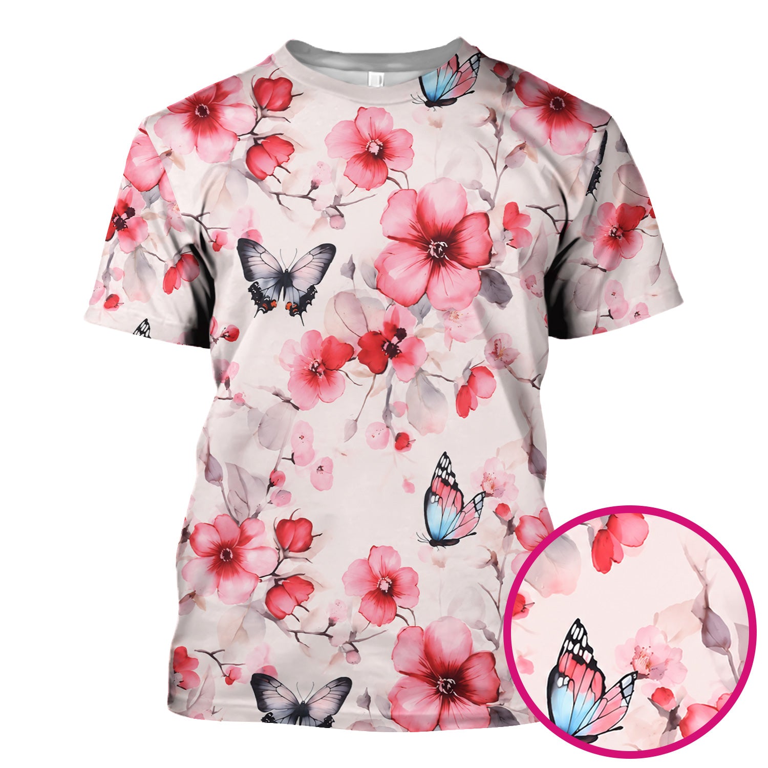 Pink Butterfly Blossom Pattern Scrub Top, Comfortable Scrubs for Nurses