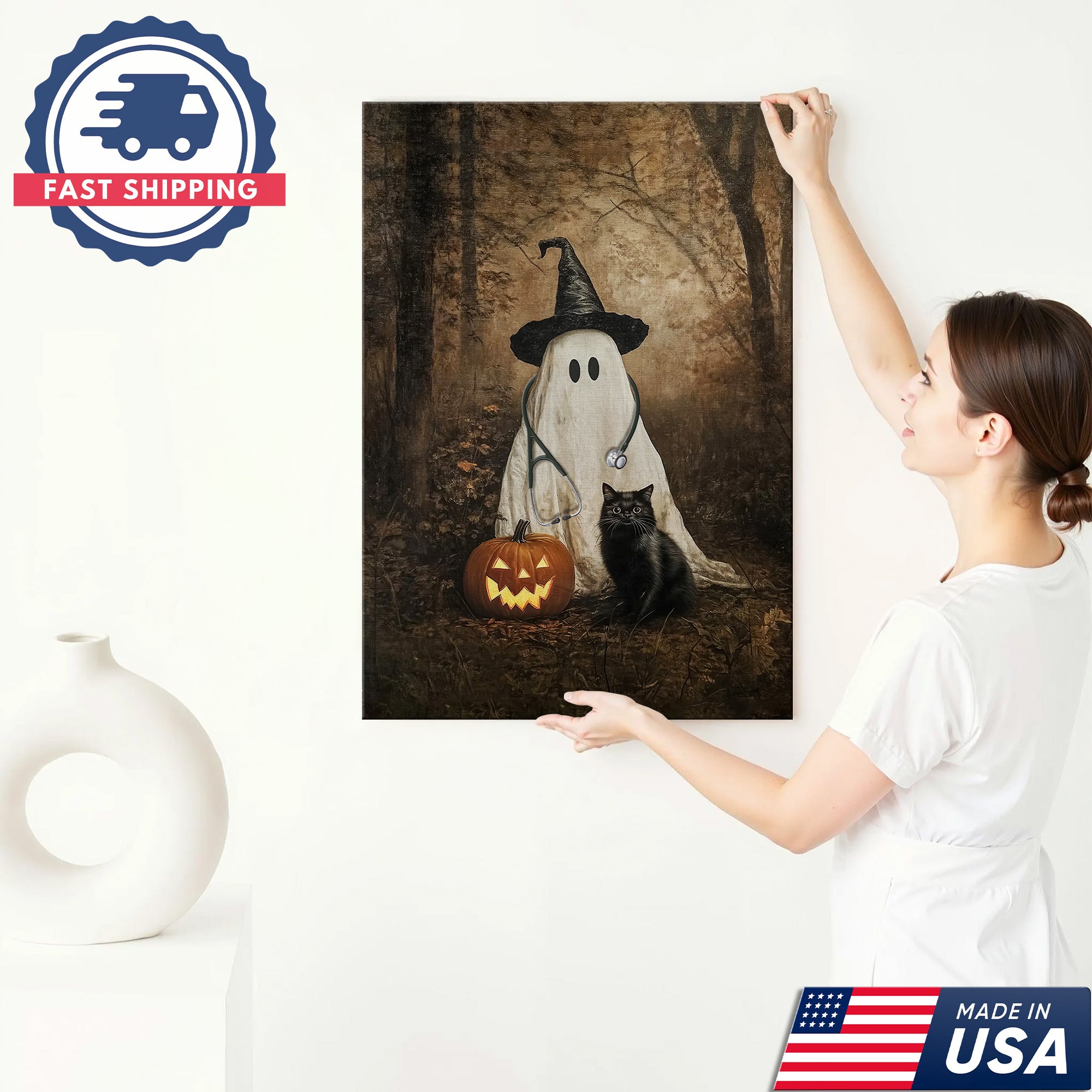 Halloween Nurse Ghost Canvas, Spooky Pumpkin Black Cat Wall Art, RN LPN CNA Gift