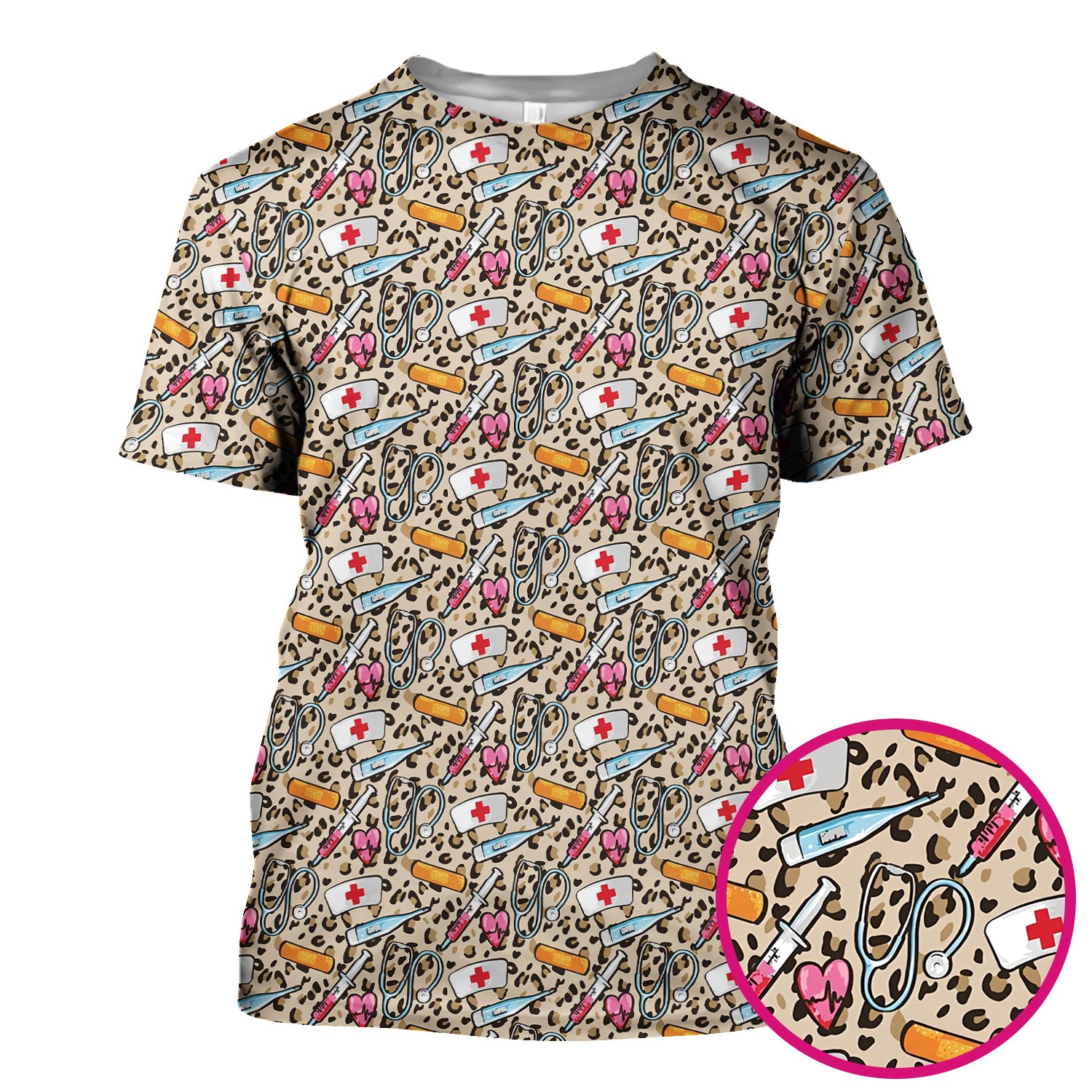 Leopard Medical Tools Pink Heart Print Scrub Top, Comfortable Scrubs for Nurses