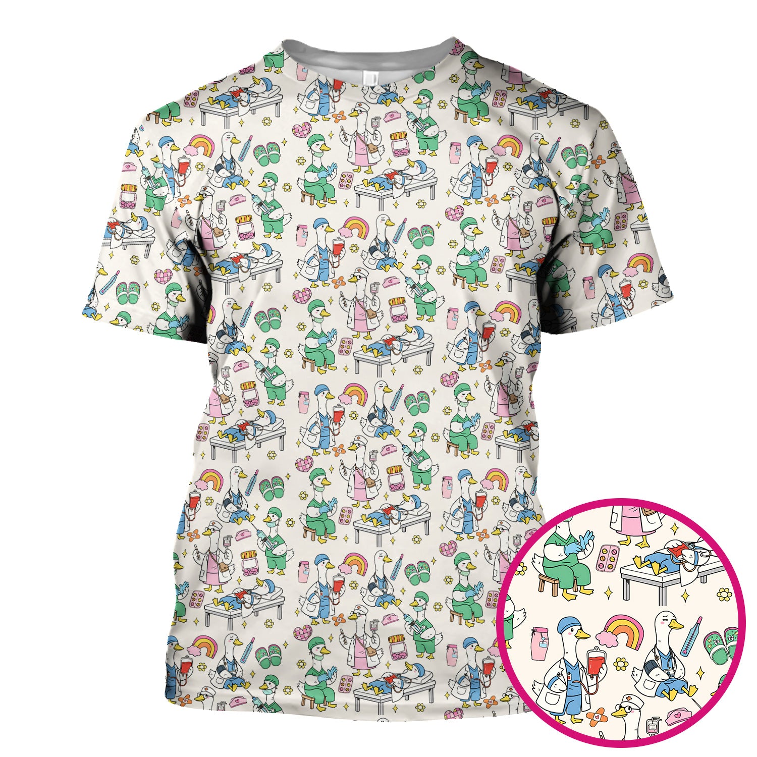 Funny Nurse Duck Medical Doodle Pattern Scrub Top, Comfortable Nurse Workwear Top