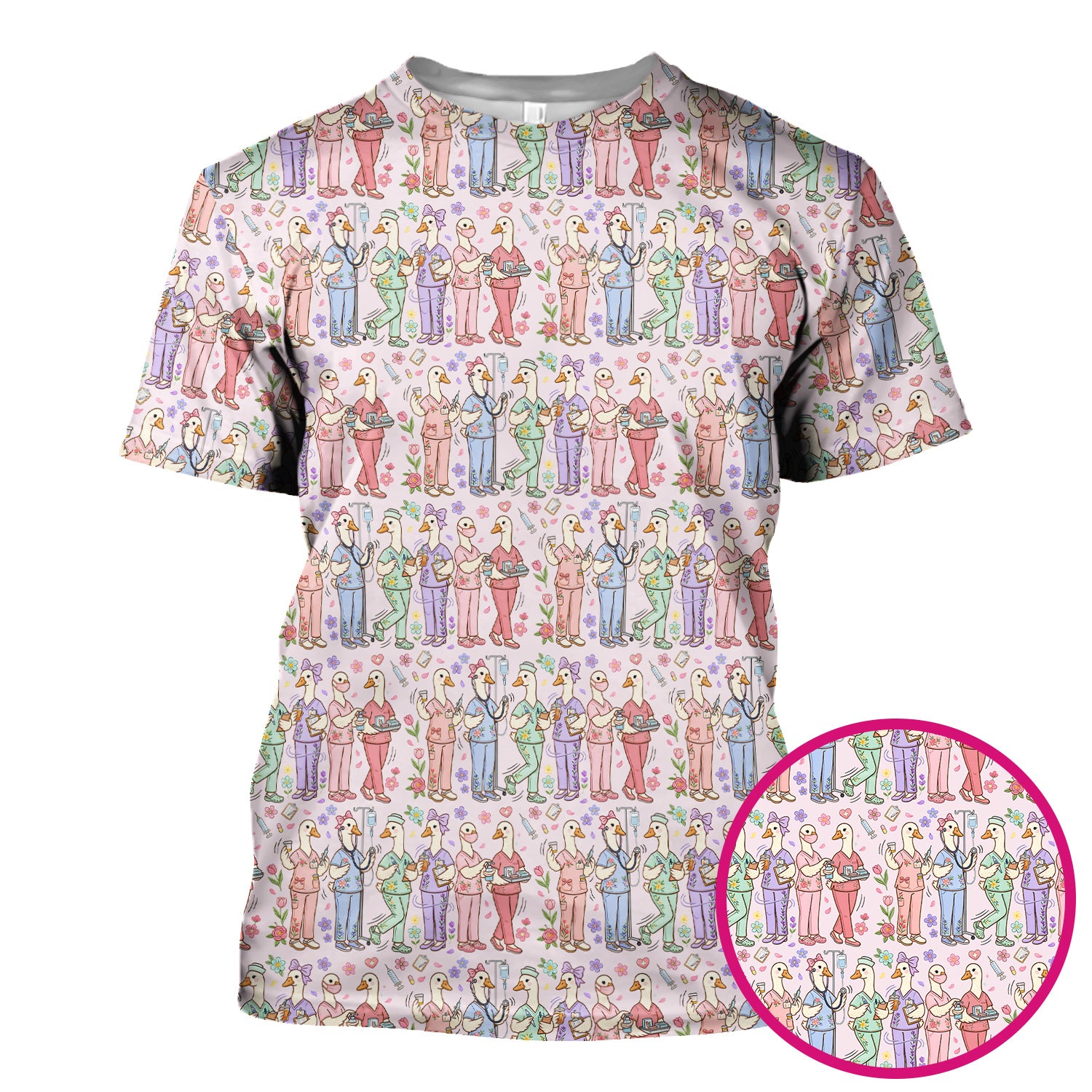 Goose Characters Floral Medical Team Uniform Pattern Scrub Top, Breathable Fabrics Nursing Uniform