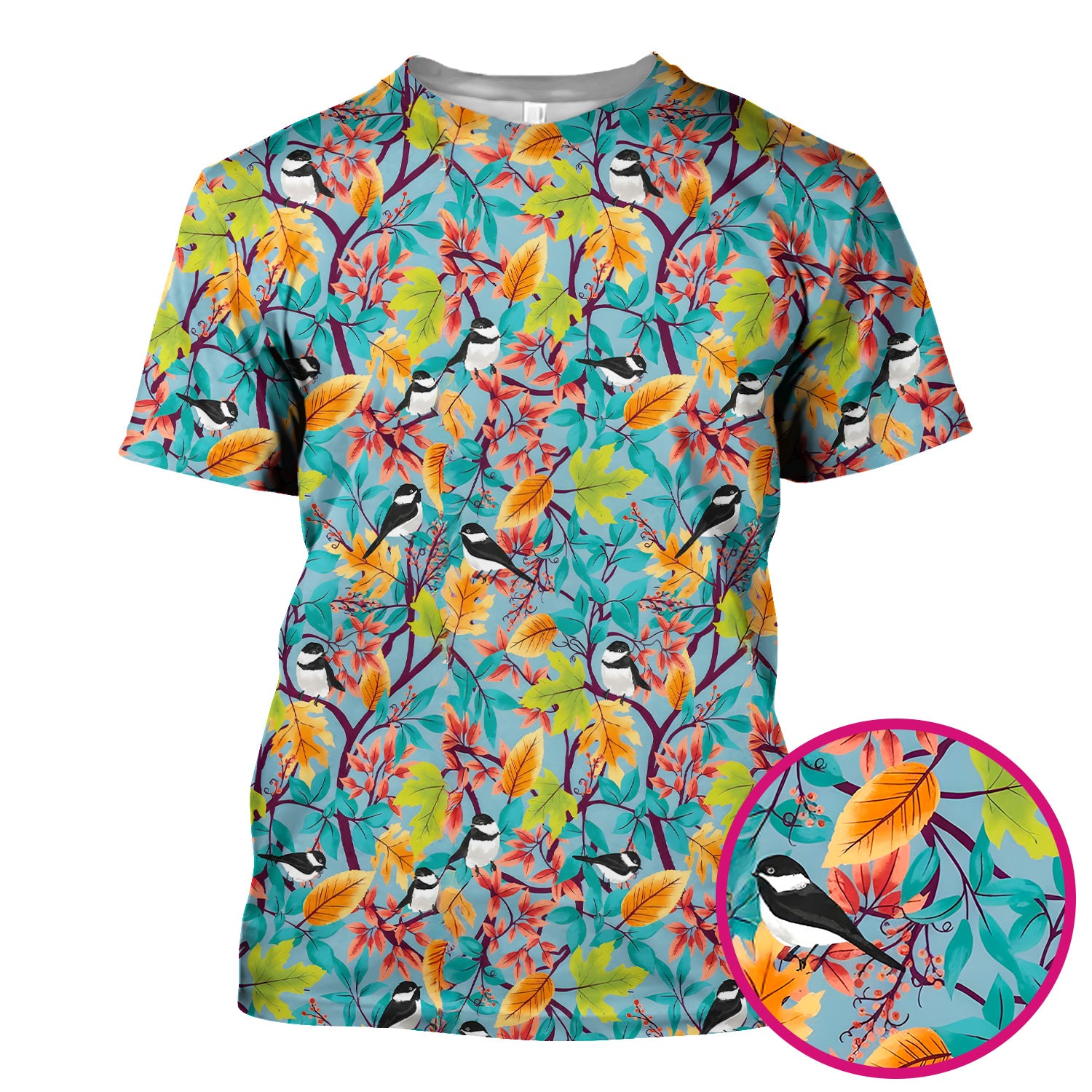 Autumn Leaf Chickadee Bird Pattern Scrub Top, Breathable Fabrics Nursing Uniform