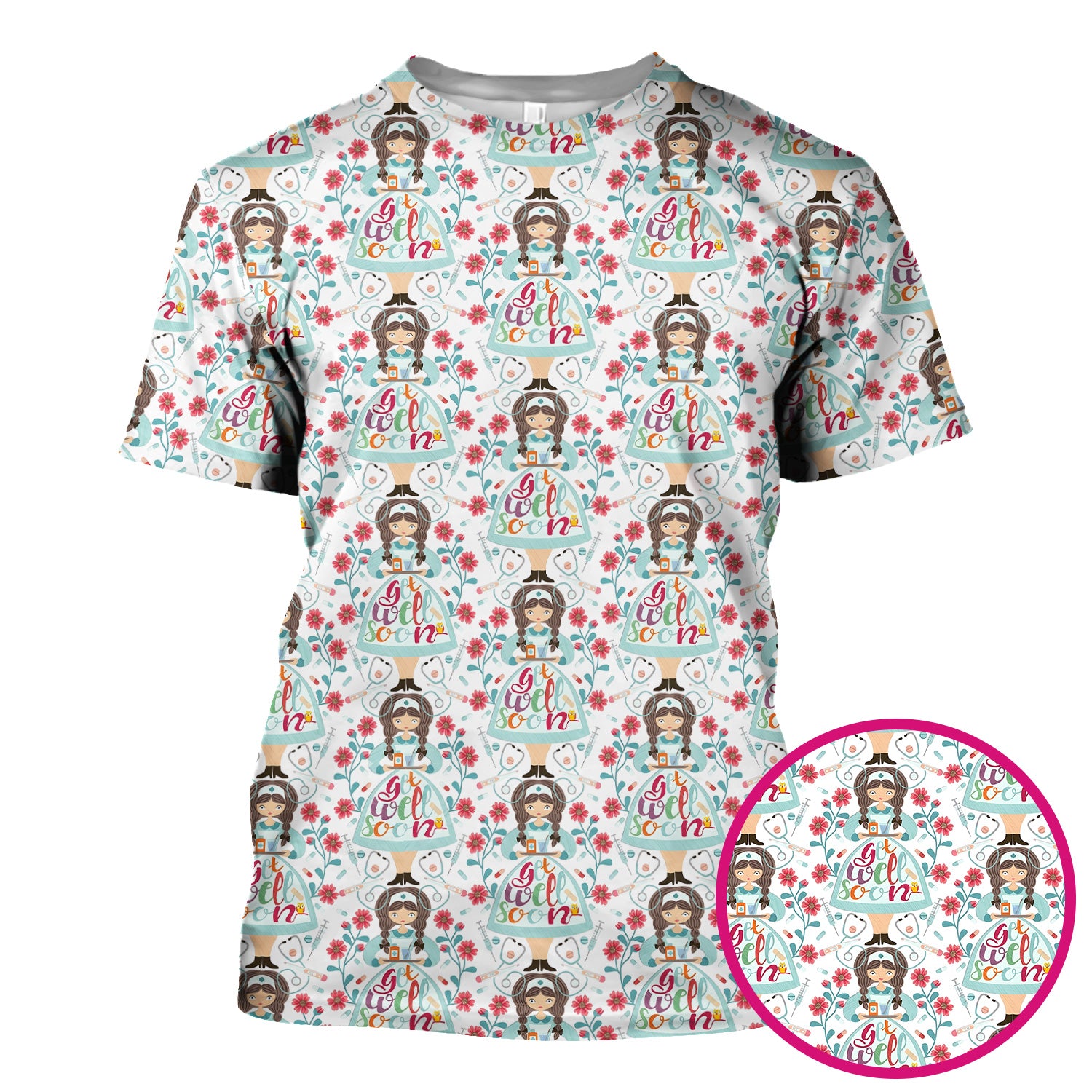 Get Well Soon Girl Floral Caring Pattern Scrub Top, Comfortable Scrubs for Nurses