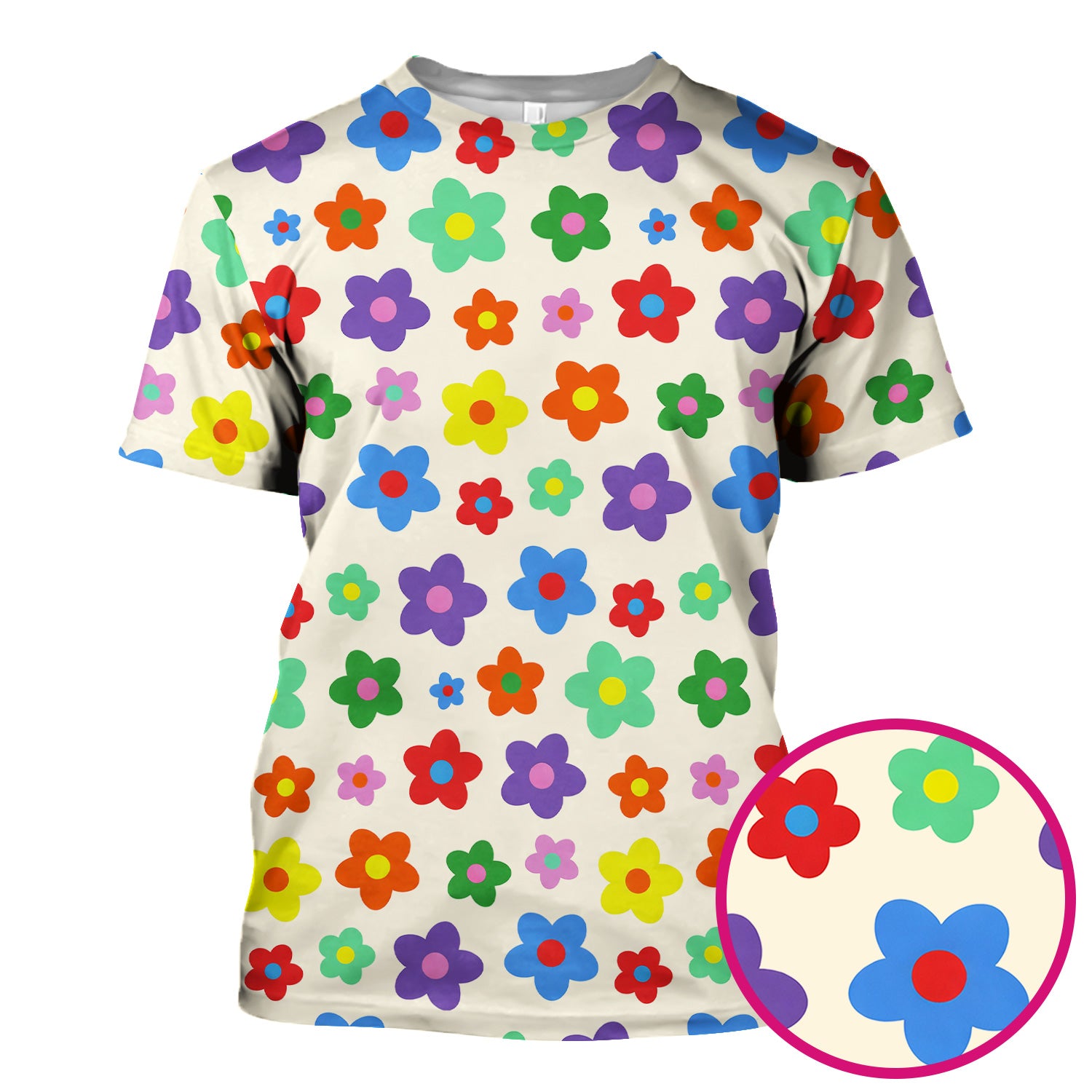 Colorful Retro Flower Pattern Print Scrub Top, Breathable Fabrics Nursing Uniform