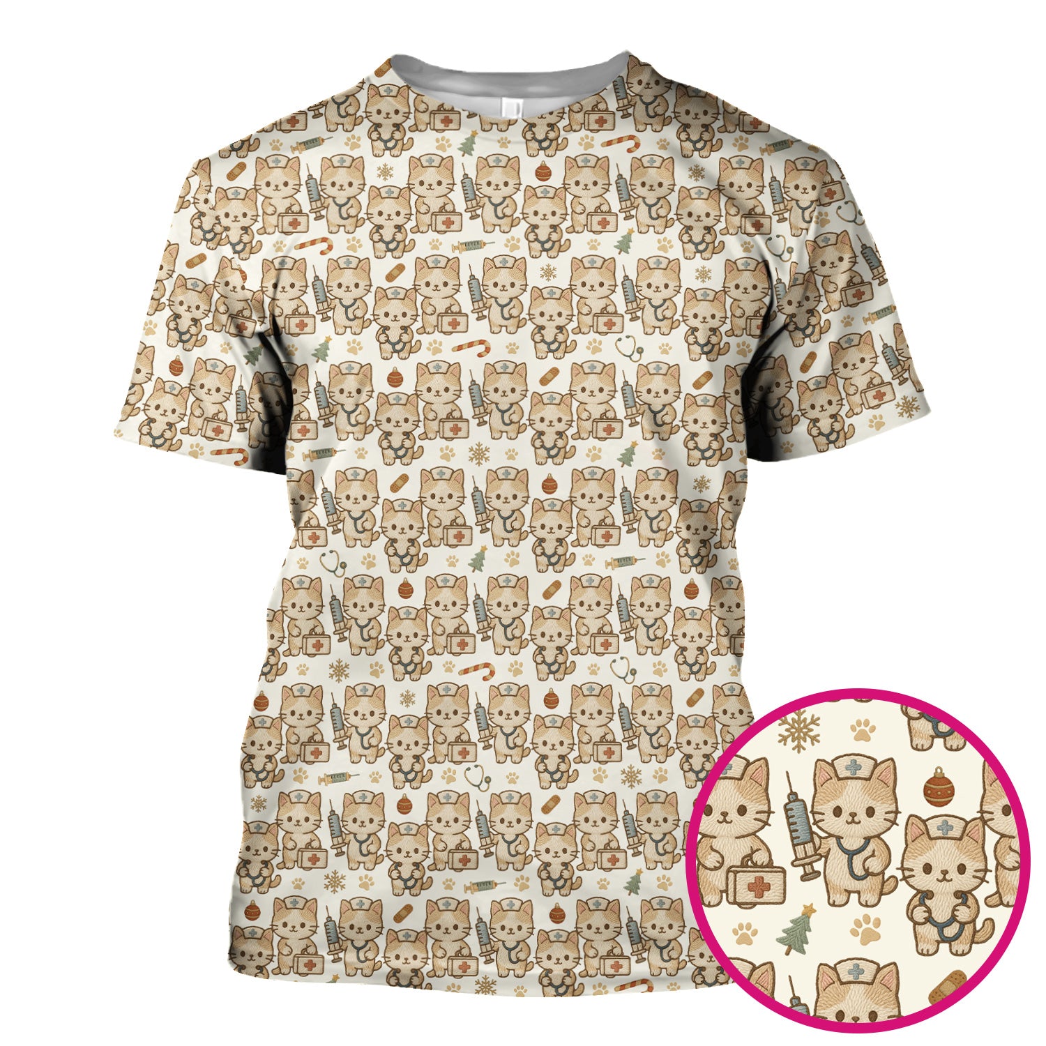 Cute Cat Nurse Christmas Scrub Top, Kawaii Kitty Medical Pattern Shirt, Breathable Fabrics Nursing Uniform