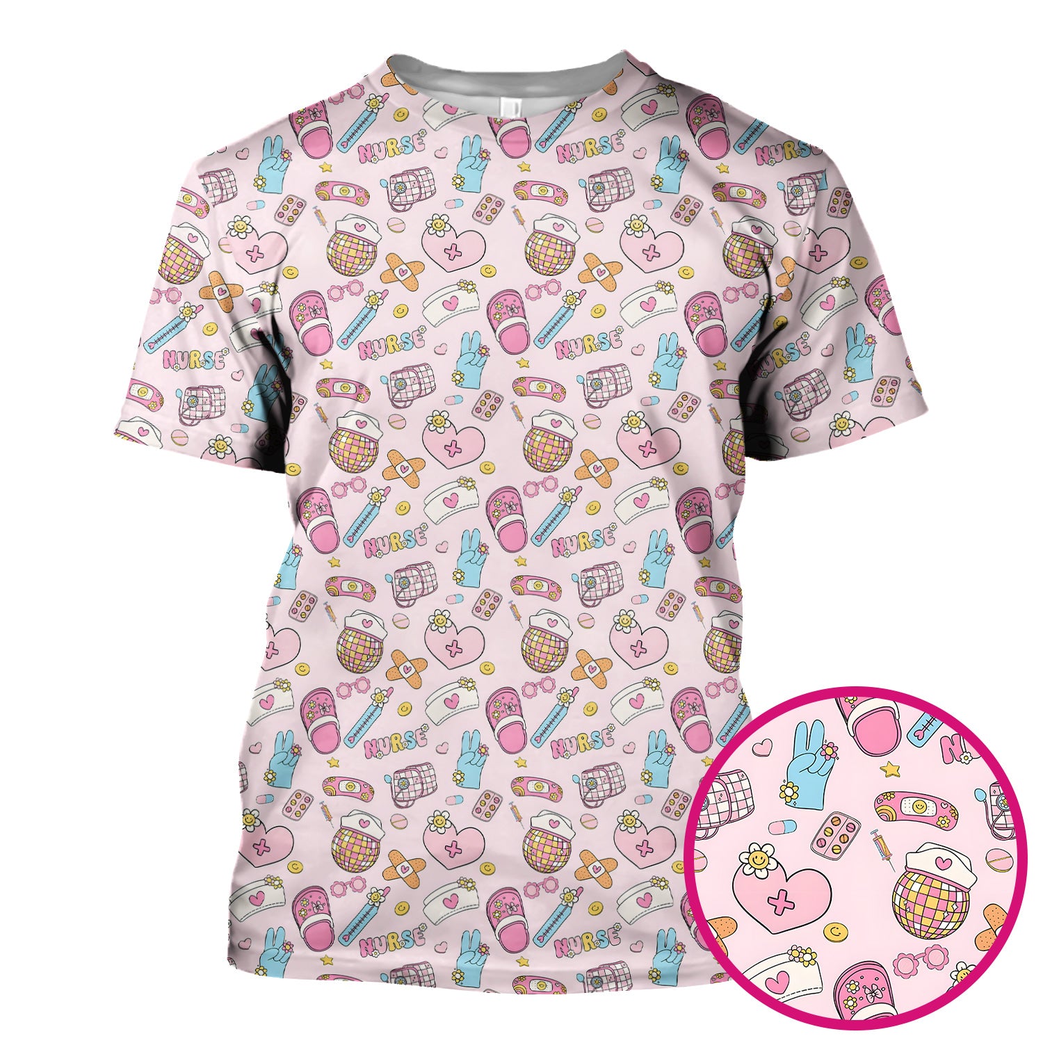 Cute Nurse Pink Medical Tools Pattern Scrub Top, Breathable Healthcare Uniform Top