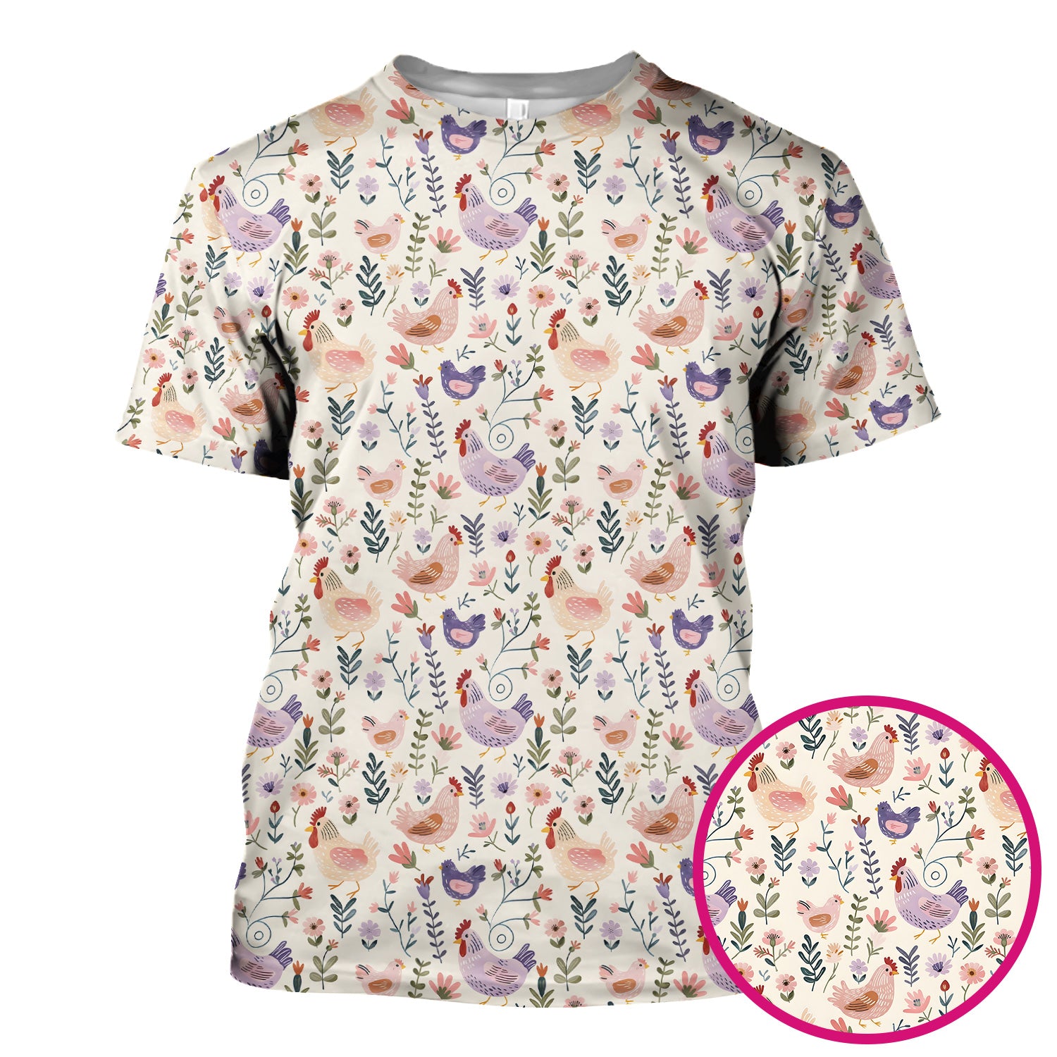 Cute Farm Chicken Floral Garden Pattern Scrub Top, Comfortable Scrubs for Nurses