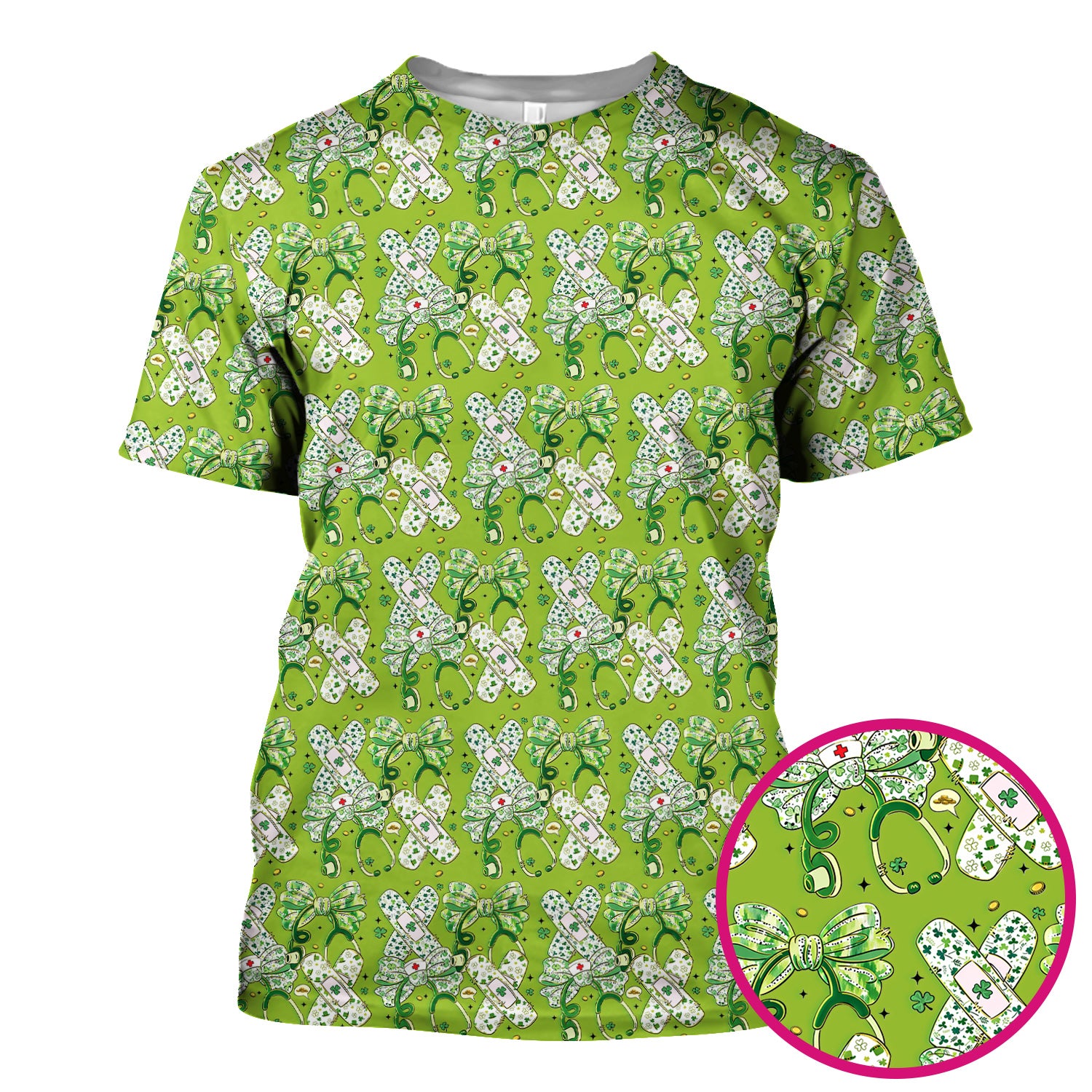 St Patrick Shamrock Stethoscope Bow Print Scrub Top, Breathable Fabrics Nursing Uniform