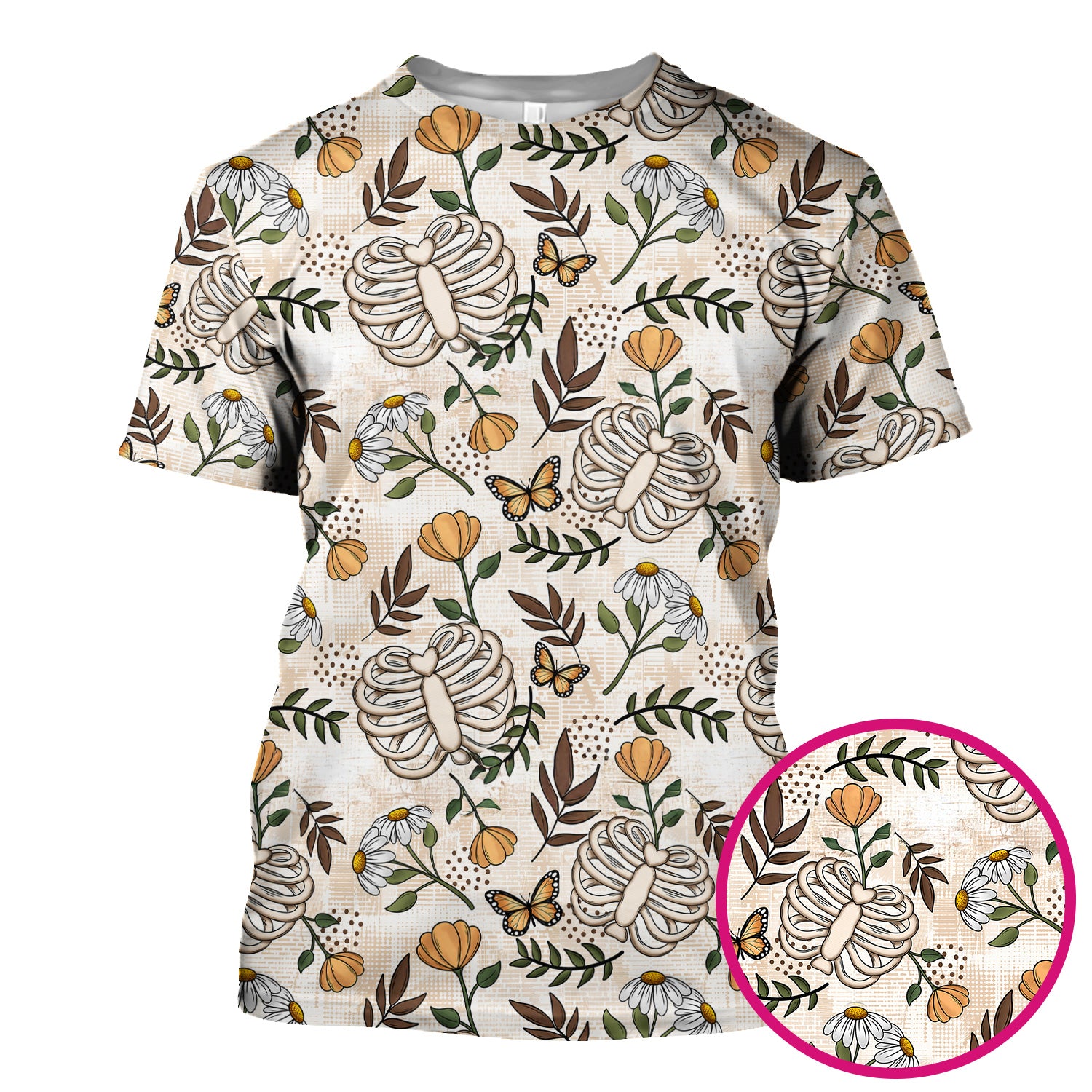 Skeleton Ribcage With Daisy And Butterfly Floral Scrub Top, Breathable Fabrics Nursing Uniform