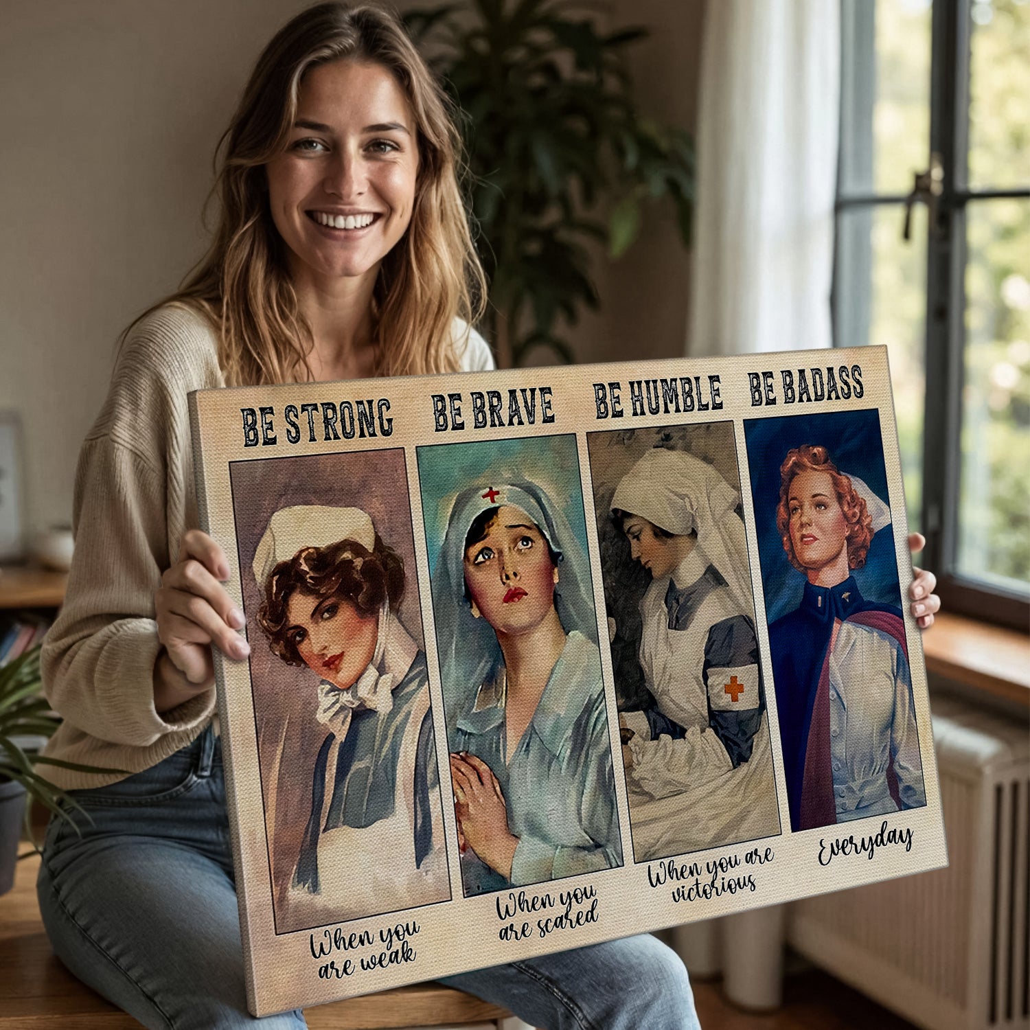 Inspirational Vintage Nurse Canvas, Be Strong Be Brave Be Humble Be Badass, RN LPN CNA Gift