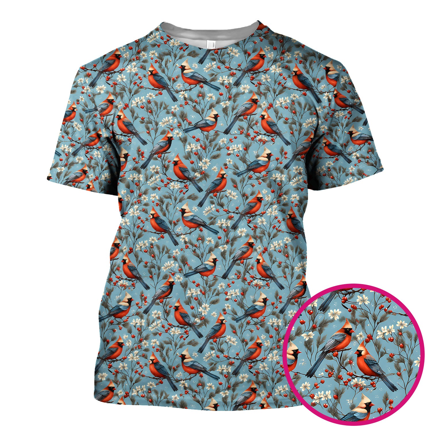Cute Cardinal Berry Blossom Pattern Scrub Top, Comfortable Scrubs for Nurses