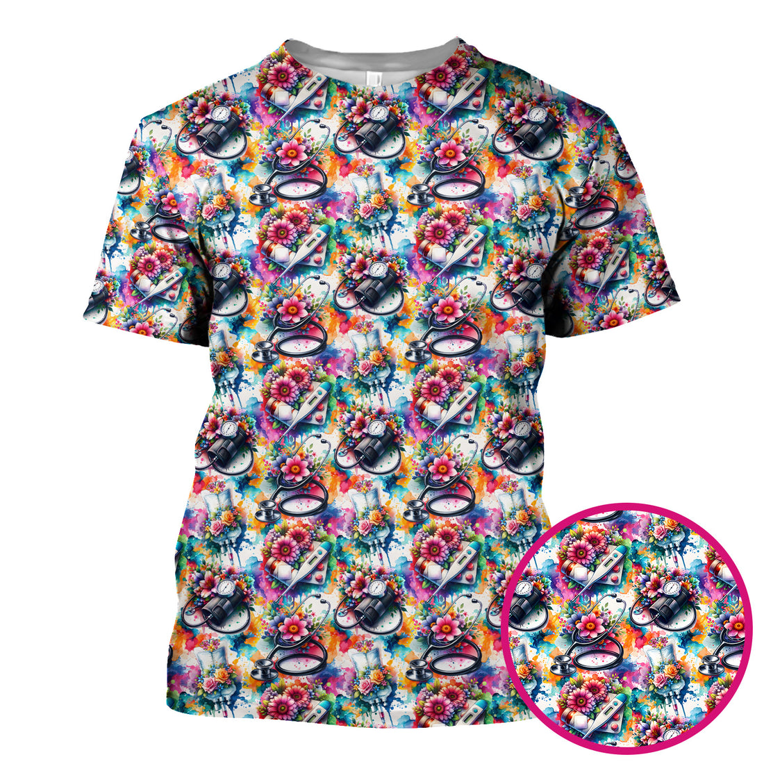 Colorful Medical Tools Floral Pattern Scrub Top, Comfortable Scrubs for Nurses