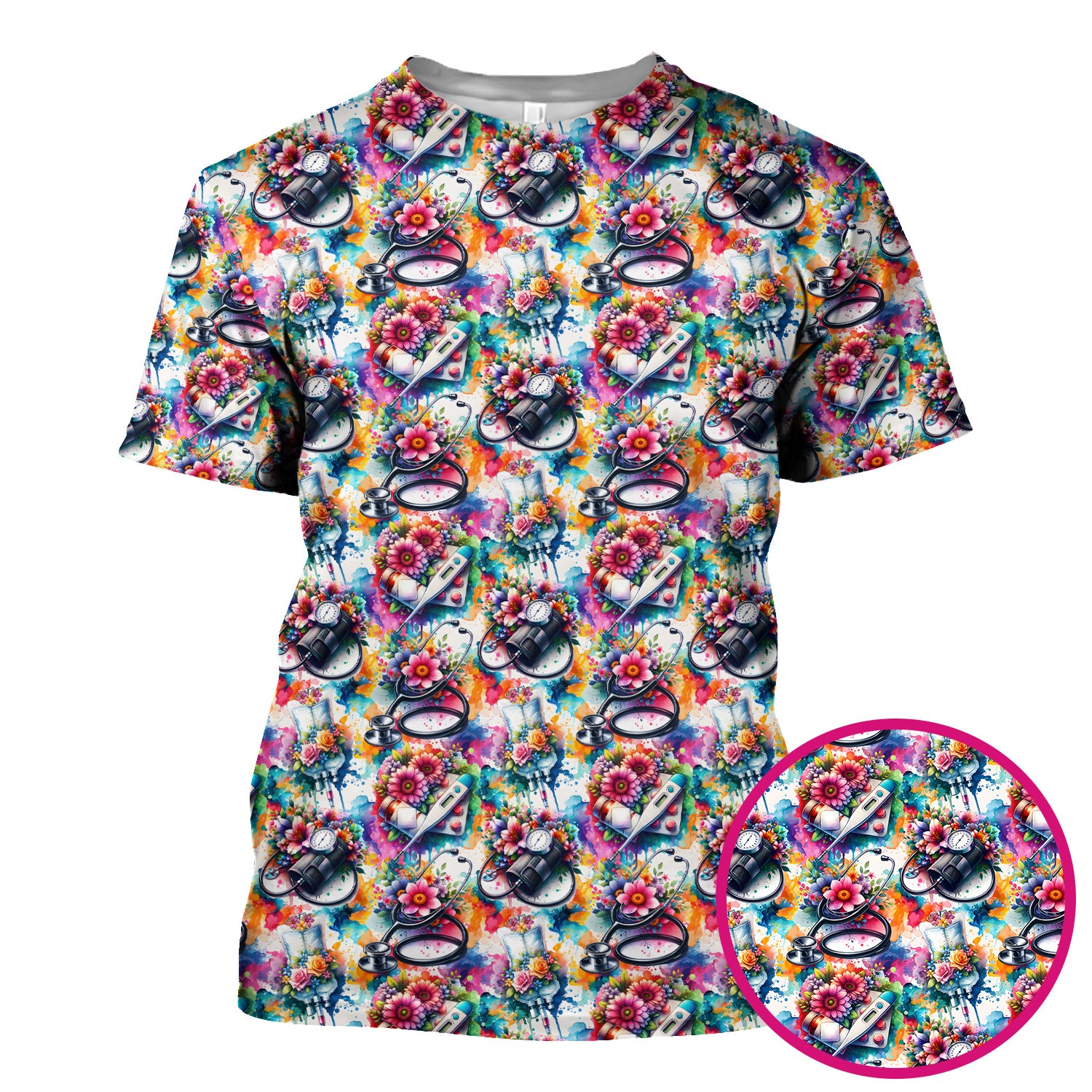 Colorful Medical Tools Floral Pattern Scrub Top, Comfortable Scrubs for Nurses