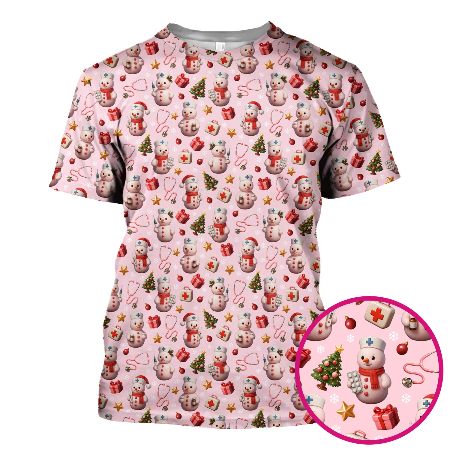 Cute Snowman Christmas Scrub Top - Holiday Pattern Medical Shirt for Women - Funny Xmas Nurse Gift for RN LPN CNA