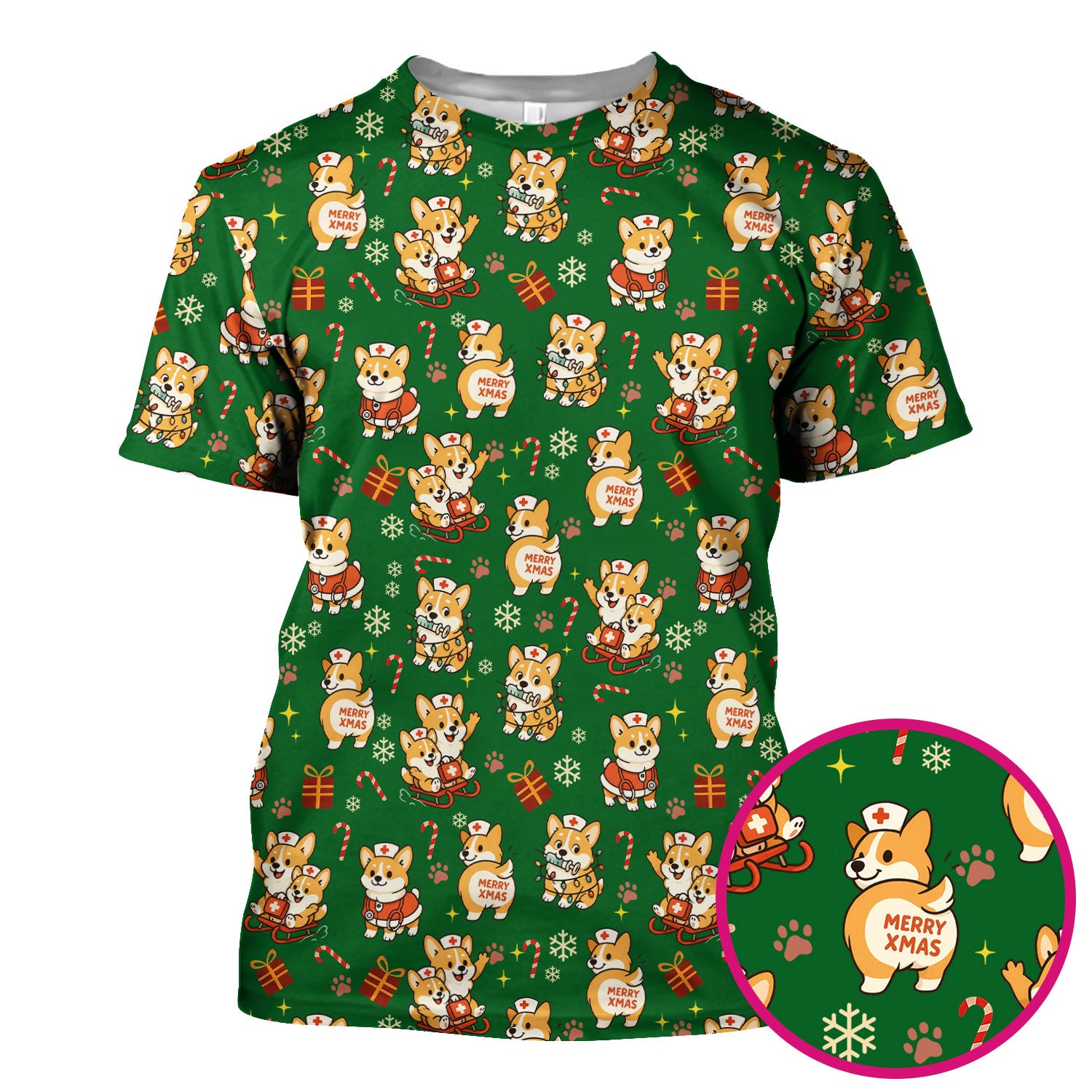 Cute Corgi Dog Scrubs for Christmas - Festive Puppy Pattern Medical Scrub Top - Holiday Christmas Scrubs with Charming Corgi Print
