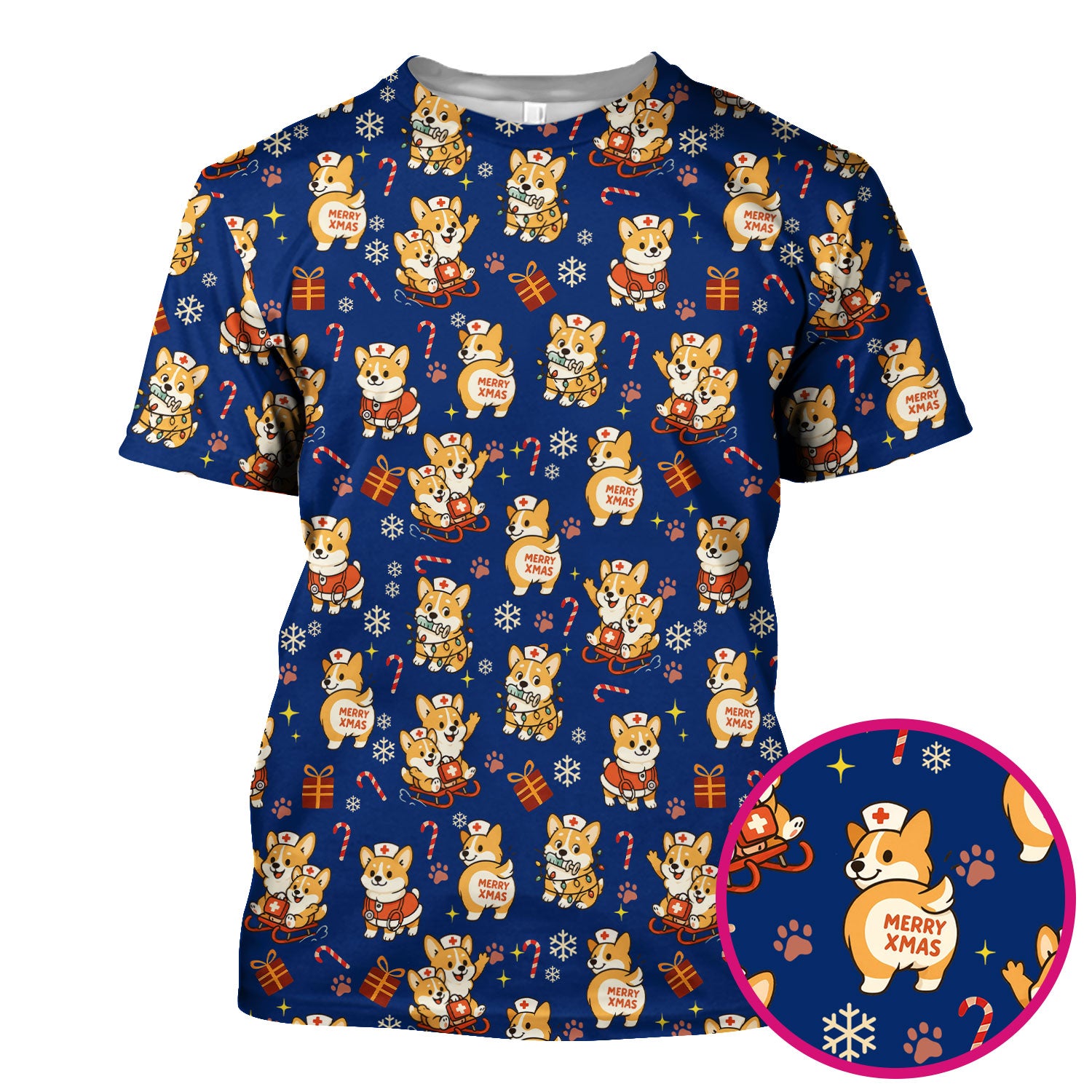 Cute Corgi Dog Scrubs for Christmas - Festive Puppy Pattern Medical Scrub Top - Holiday Christmas Scrubs with Charming Corgi Print